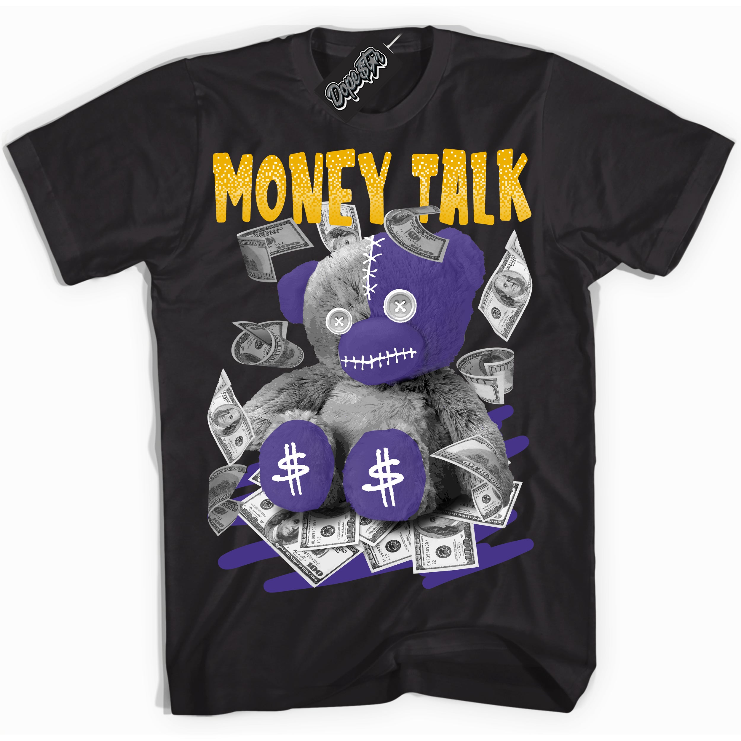 Cool Black Shirt with “Money Talk Bear” design that perfectly matches the Air Force 1 QS Kobe Lakers Home Sneakers.