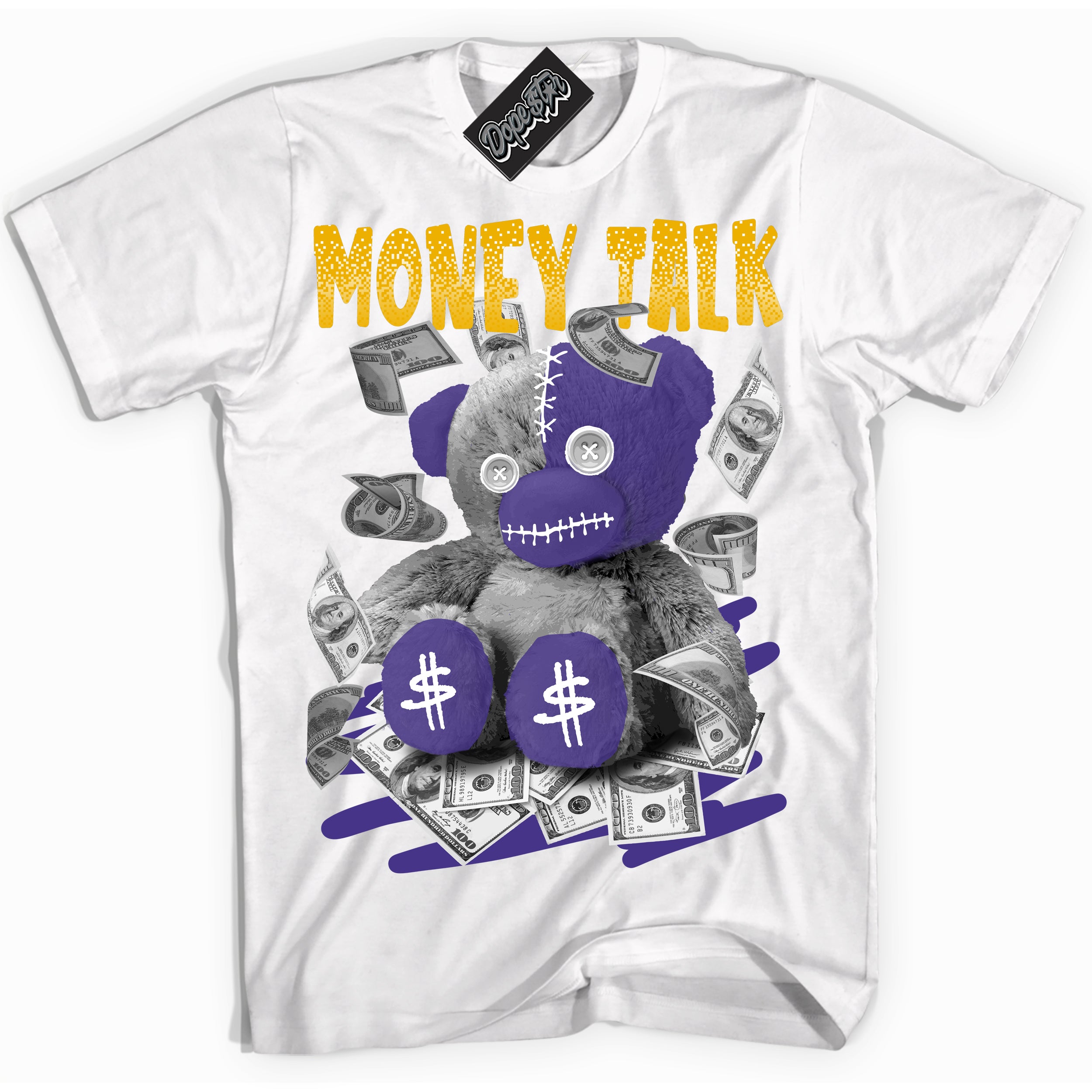 Cool White Shirt with “Money Talk Bear” design that perfectly matches the Air Force 1 QS Kobe Lakers Home Sneakers.