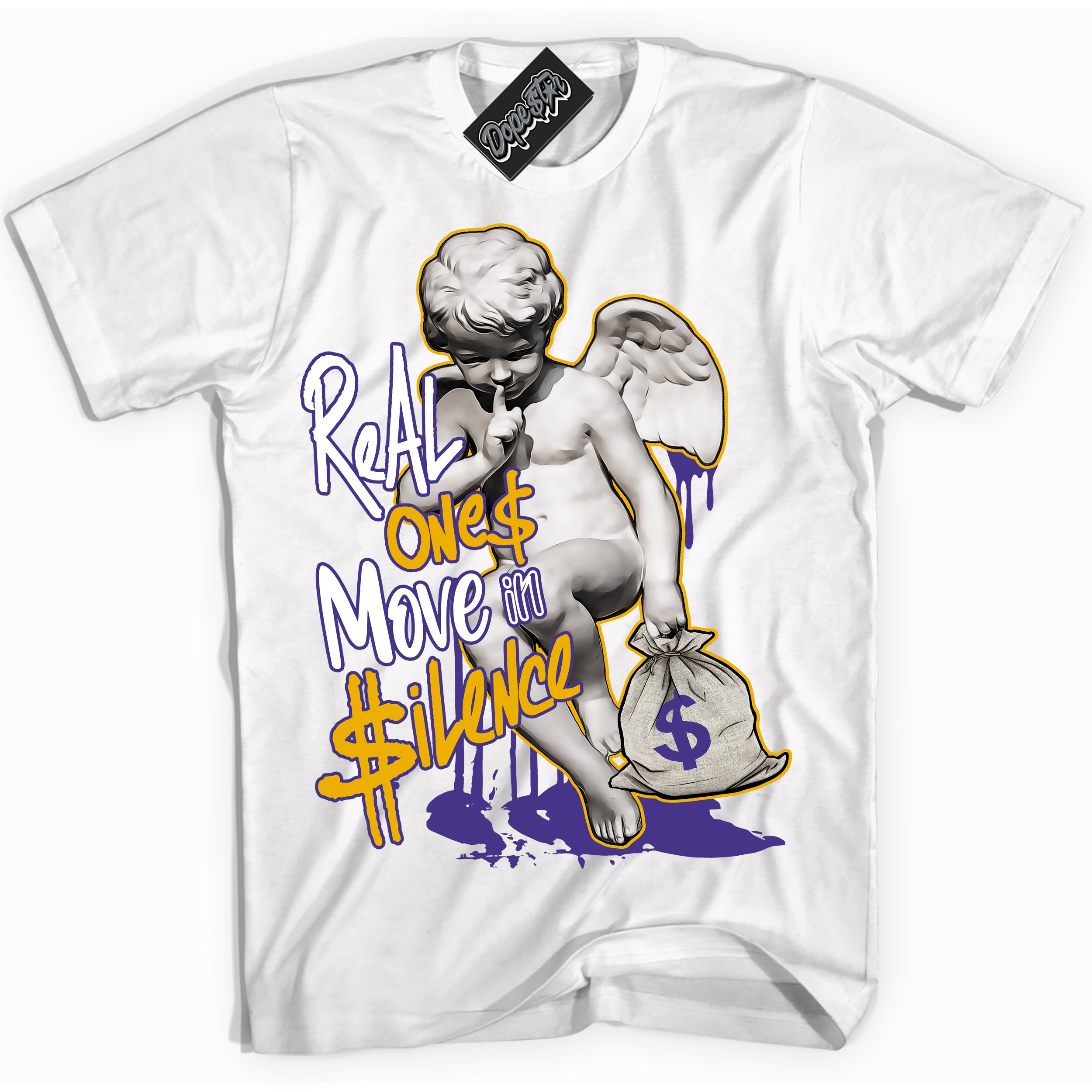Cool White Shirt with “Real Ones Cherub” design that perfectly matches the Air Force 1 QS Kobe Lakers Home Sneakers.
