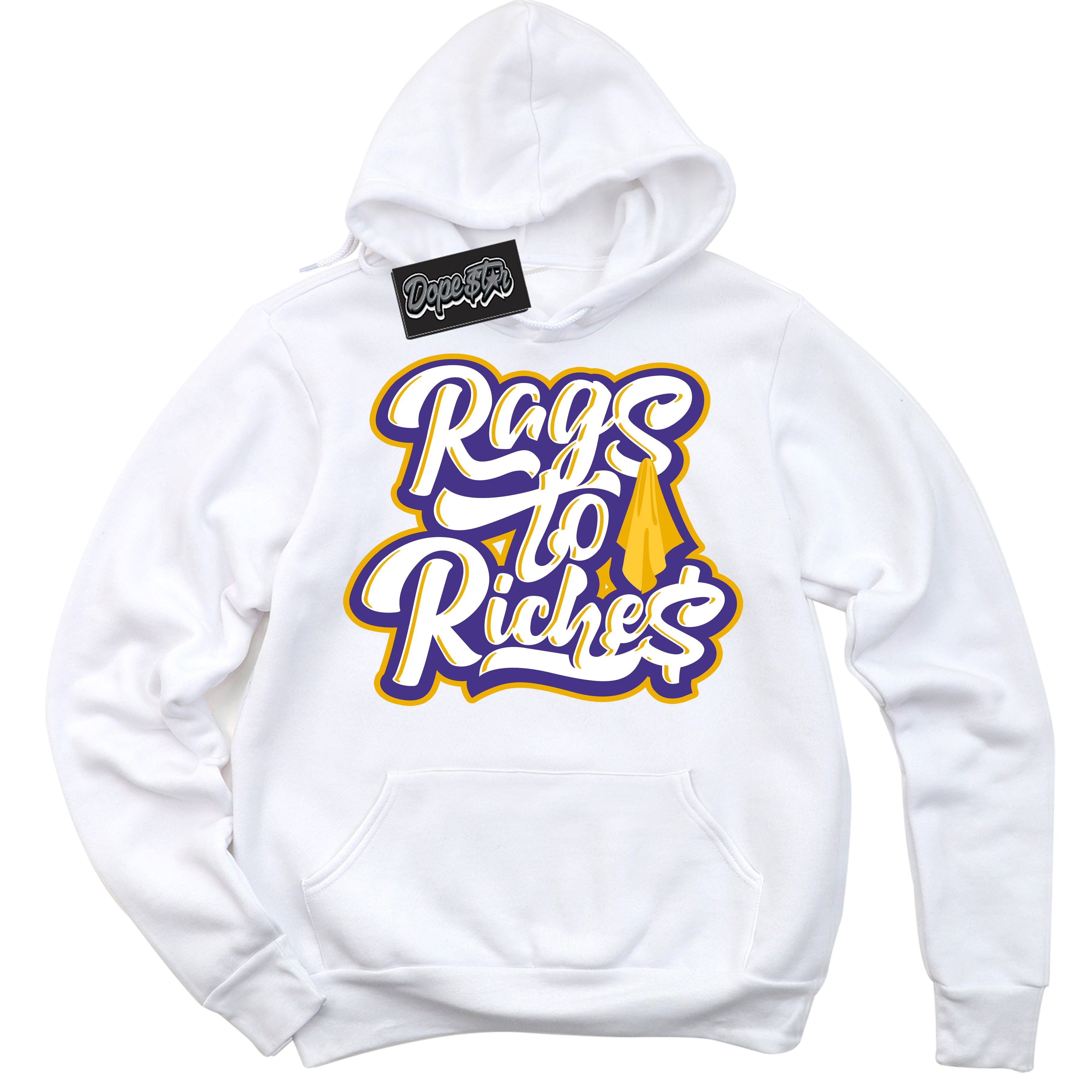 Cool White Hoodie with “Rags To Riches” design that Perfectly Matches Air Force 1 QS Kobe Lakers Home Sneakers.
