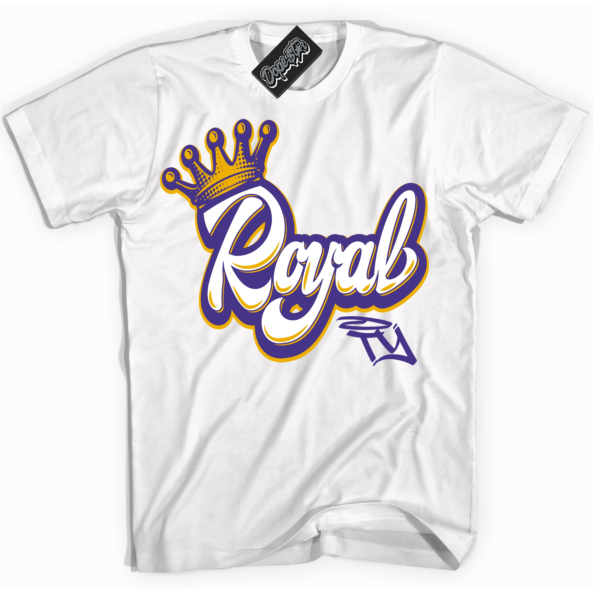 Cool White Shirt with “Royalty” design that perfectly matches the Air Force 1 QS Kobe Lakers Home Sneakers.