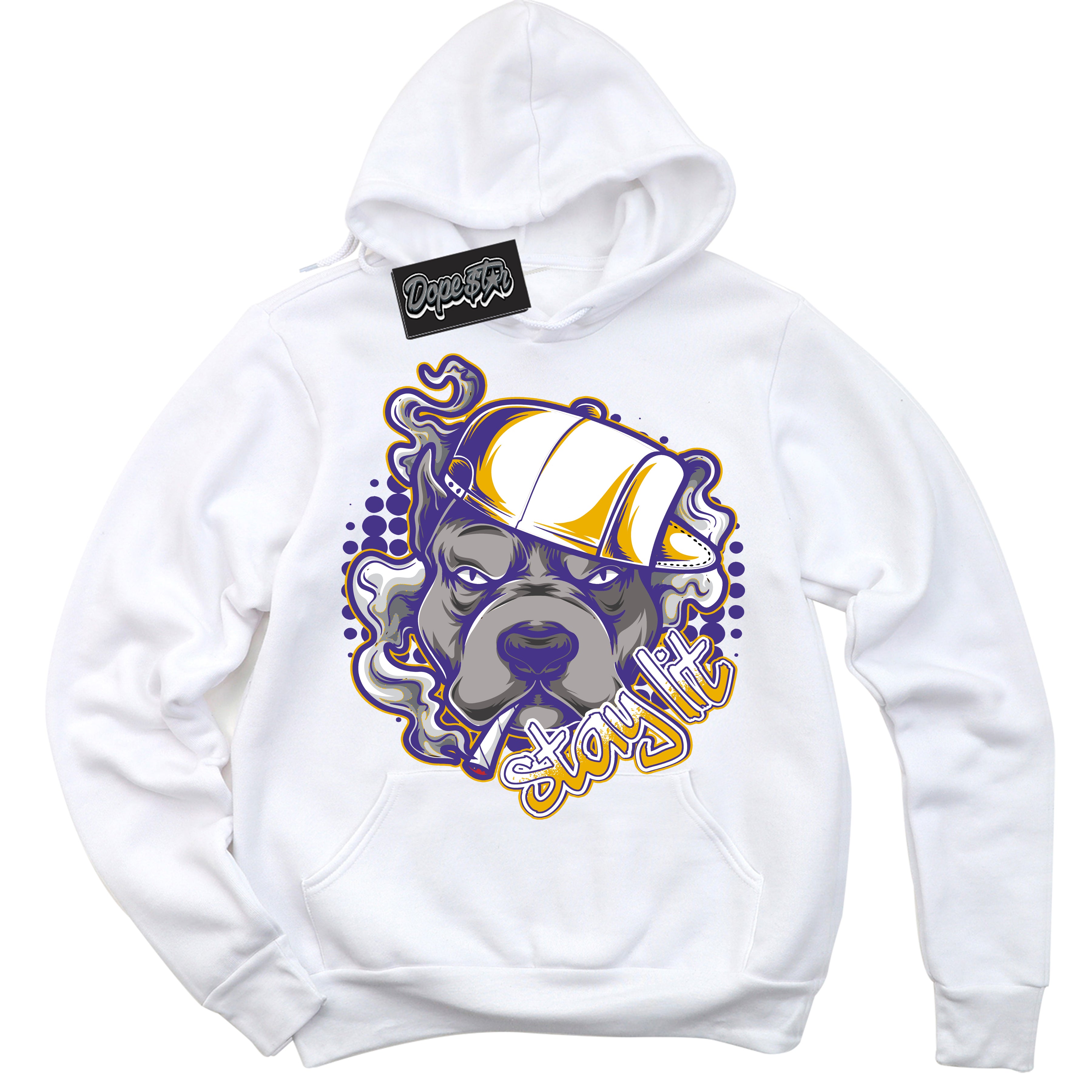 Cool White Hoodie with “Stay Lit” design that Perfectly Matches Air Force 1 QS Kobe Lakers Home Sneakers.