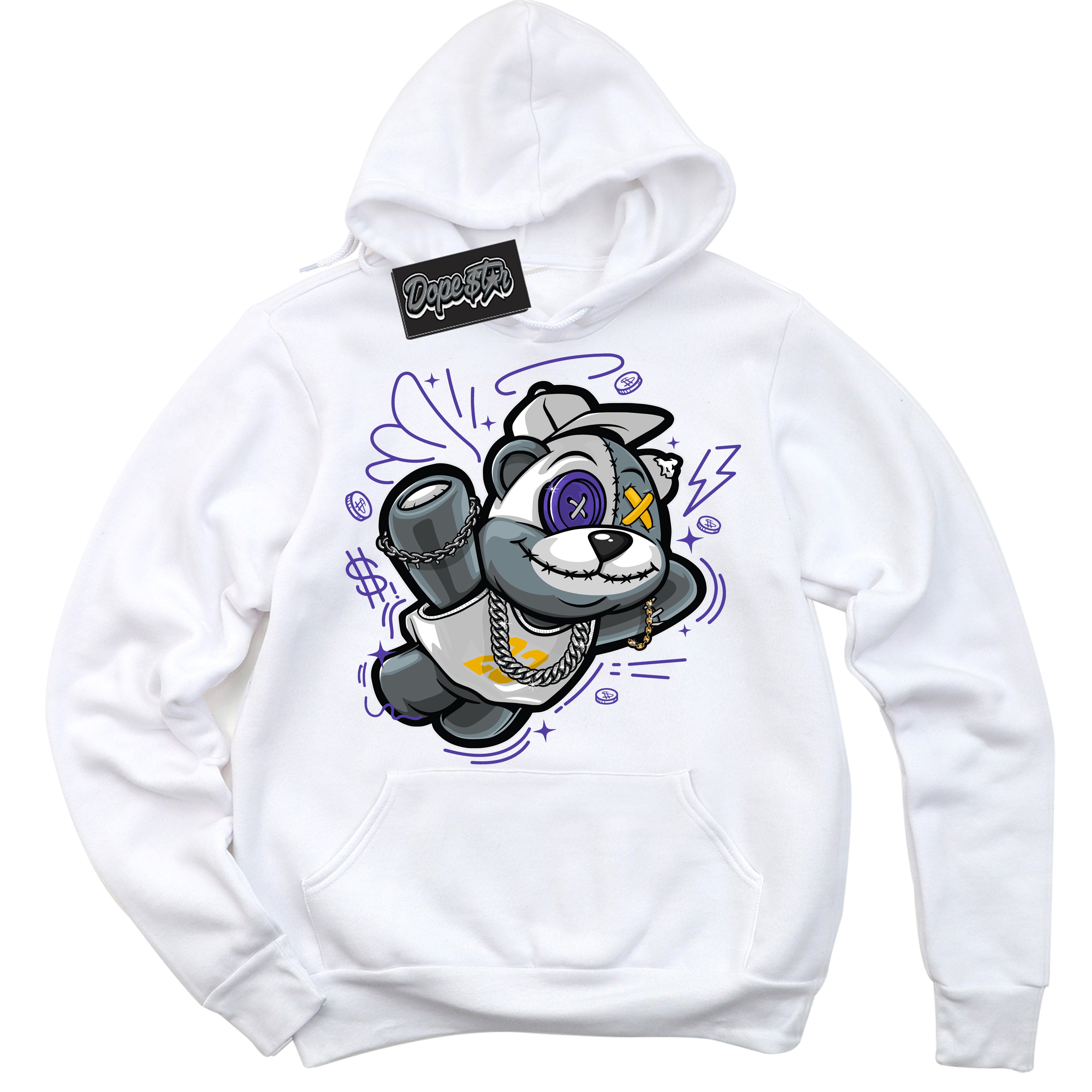 Cool White Hoodie with “Slam Dunk Bear” design that Perfectly Matches Air Force 1 QS Kobe Lakers Home Sneakers.