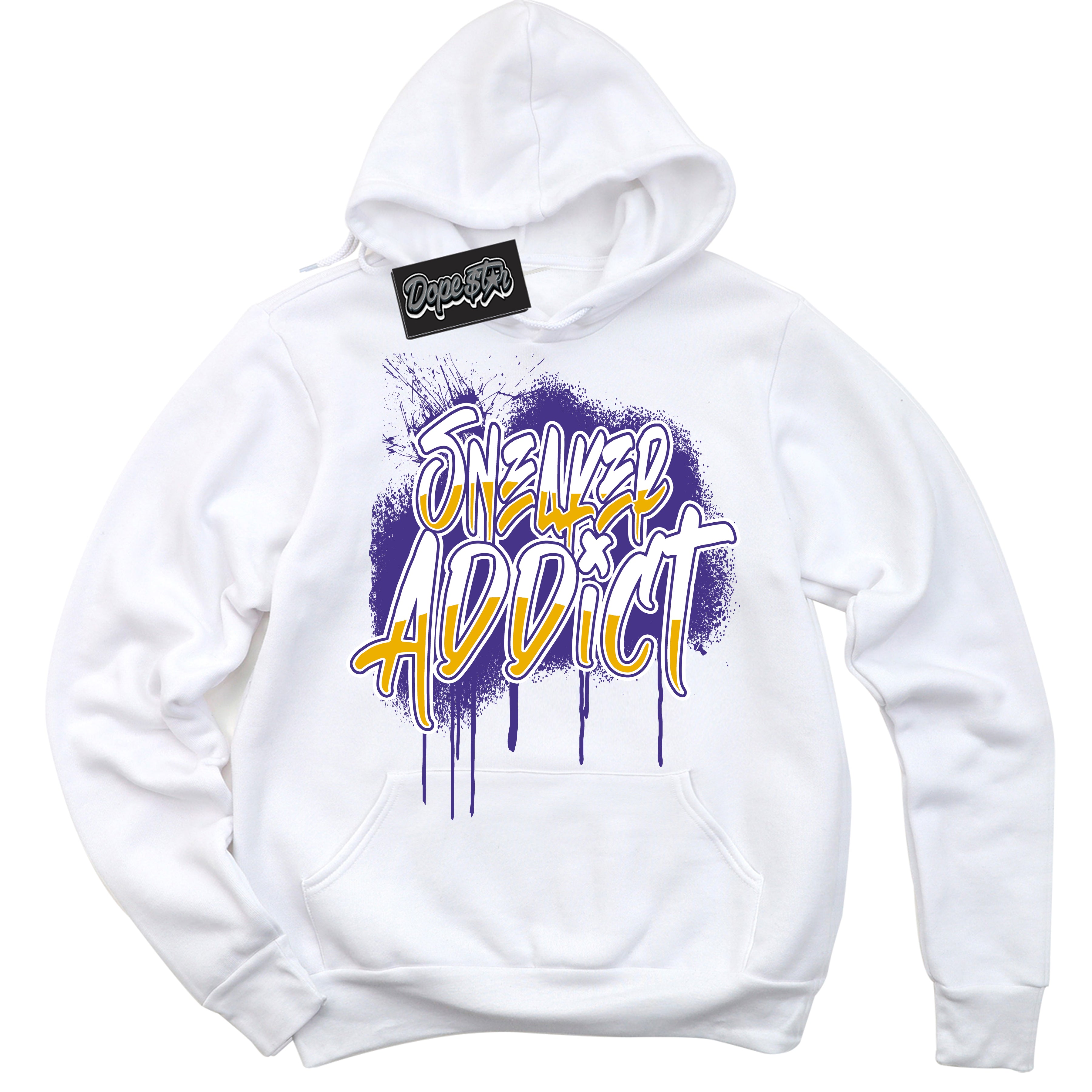 Cool White Hoodie with “Sneaker Addict” design that Perfectly Matches Air Force 1 QS Kobe Lakers Home Sneakers.
