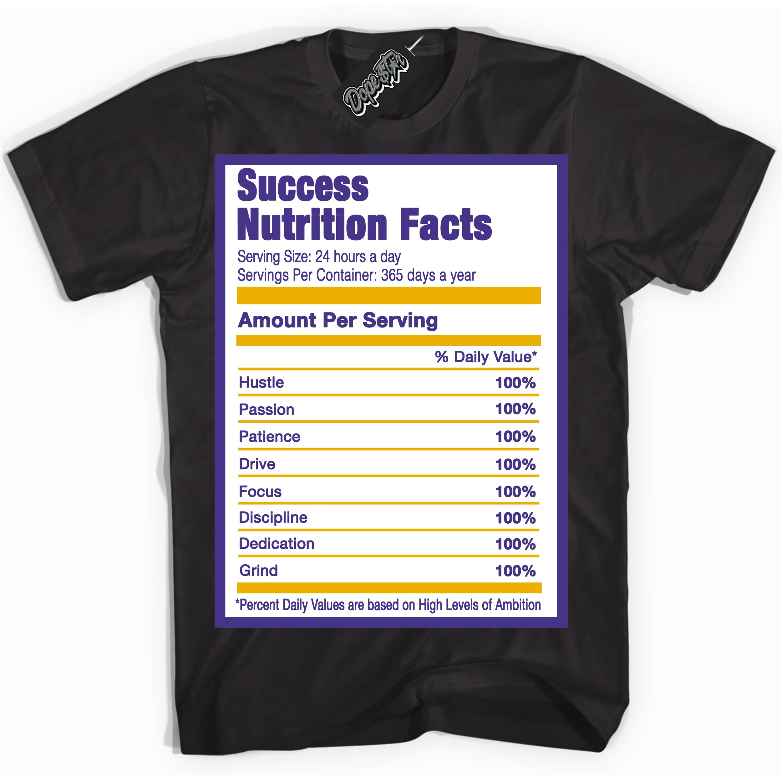 Cool Black Shirt with “Success Nutrition” design that perfectly matches the Air Force 1 QS Kobe Lakers Home Sneakers.