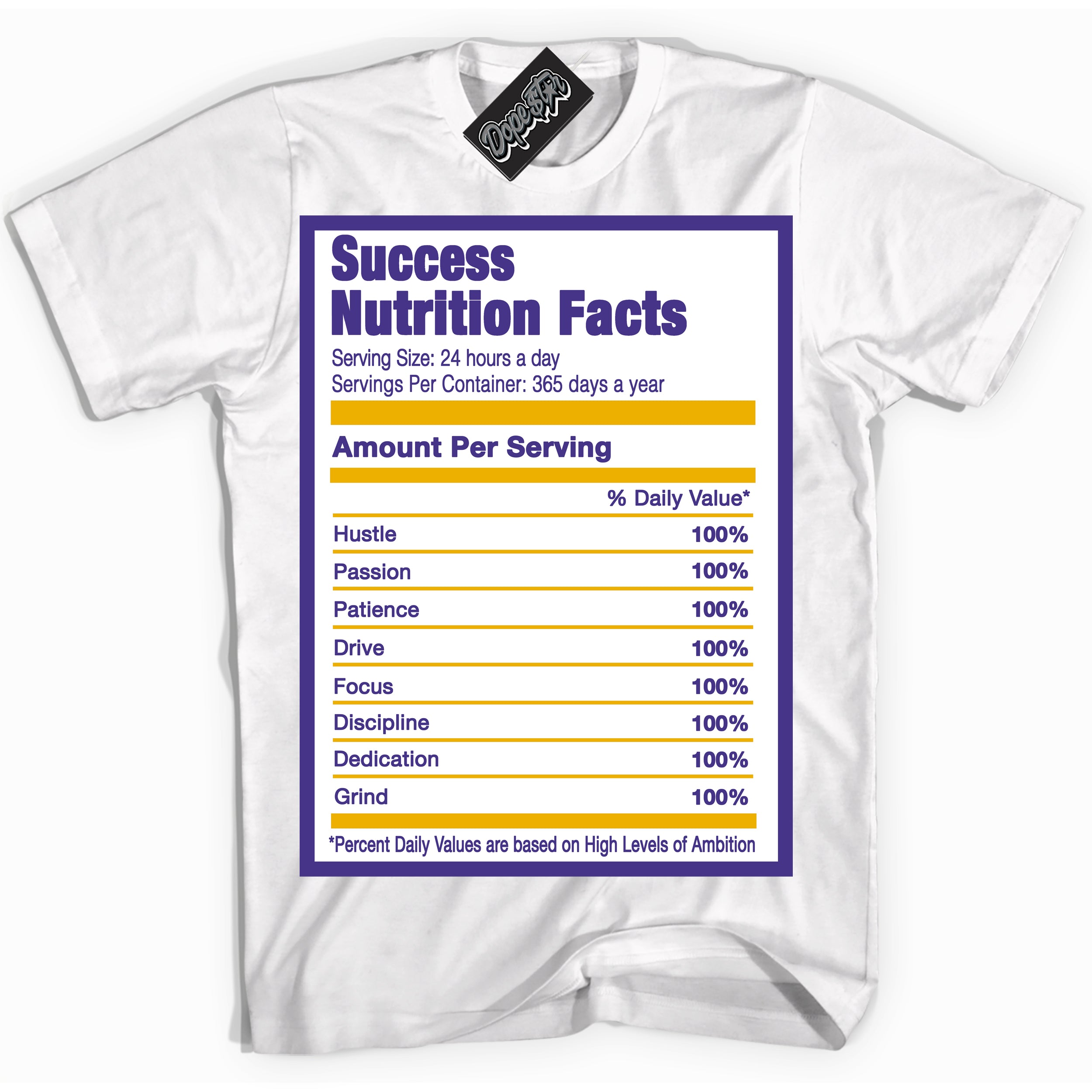 Cool White Shirt with “Success Nutrition” design that perfectly matches the Air Force 1 QS Kobe Lakers Home Sneakers.