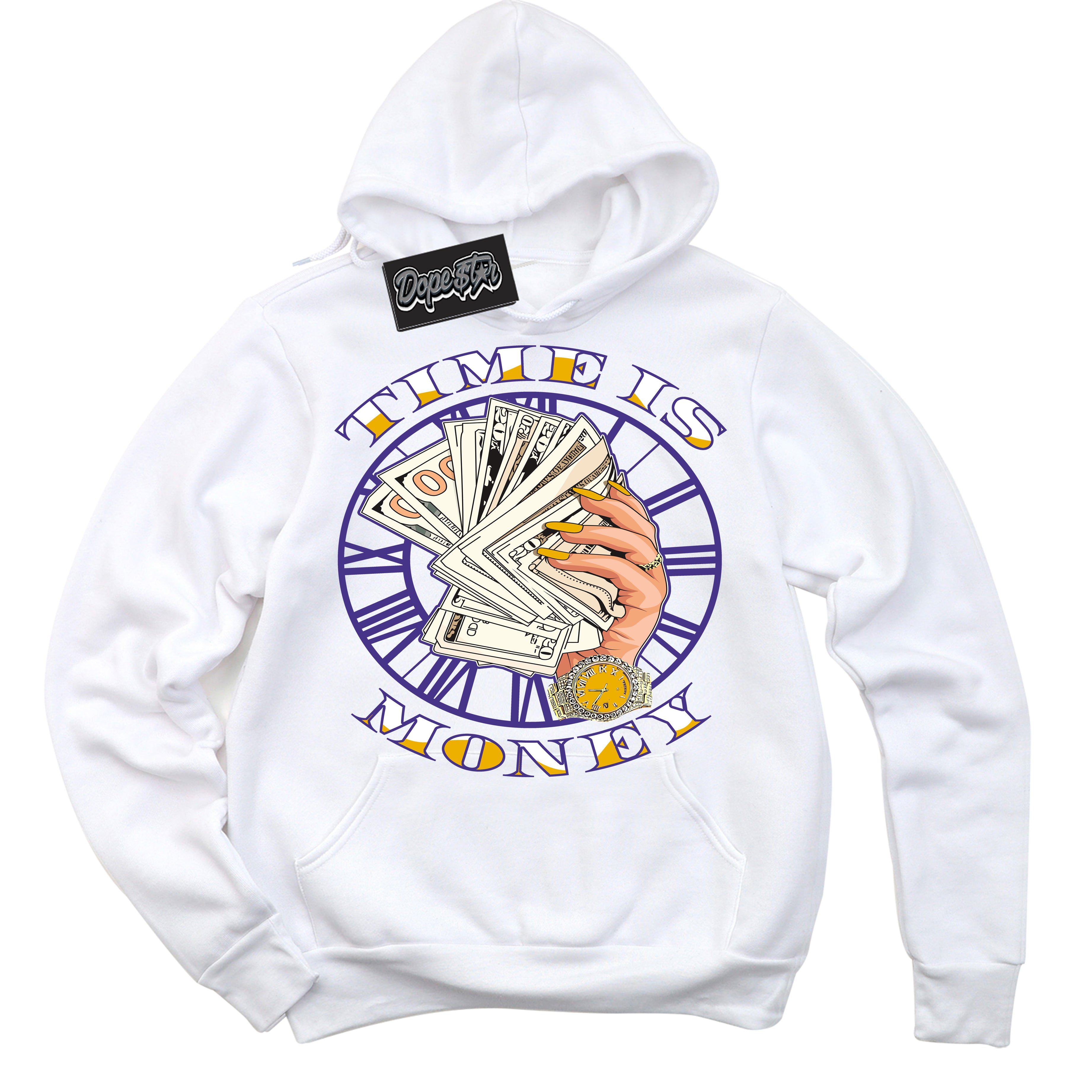 Cool White Hoodie with “Time Is Money” design that Perfectly Matches Air Force 1 QS Kobe Lakers Home Sneakers.