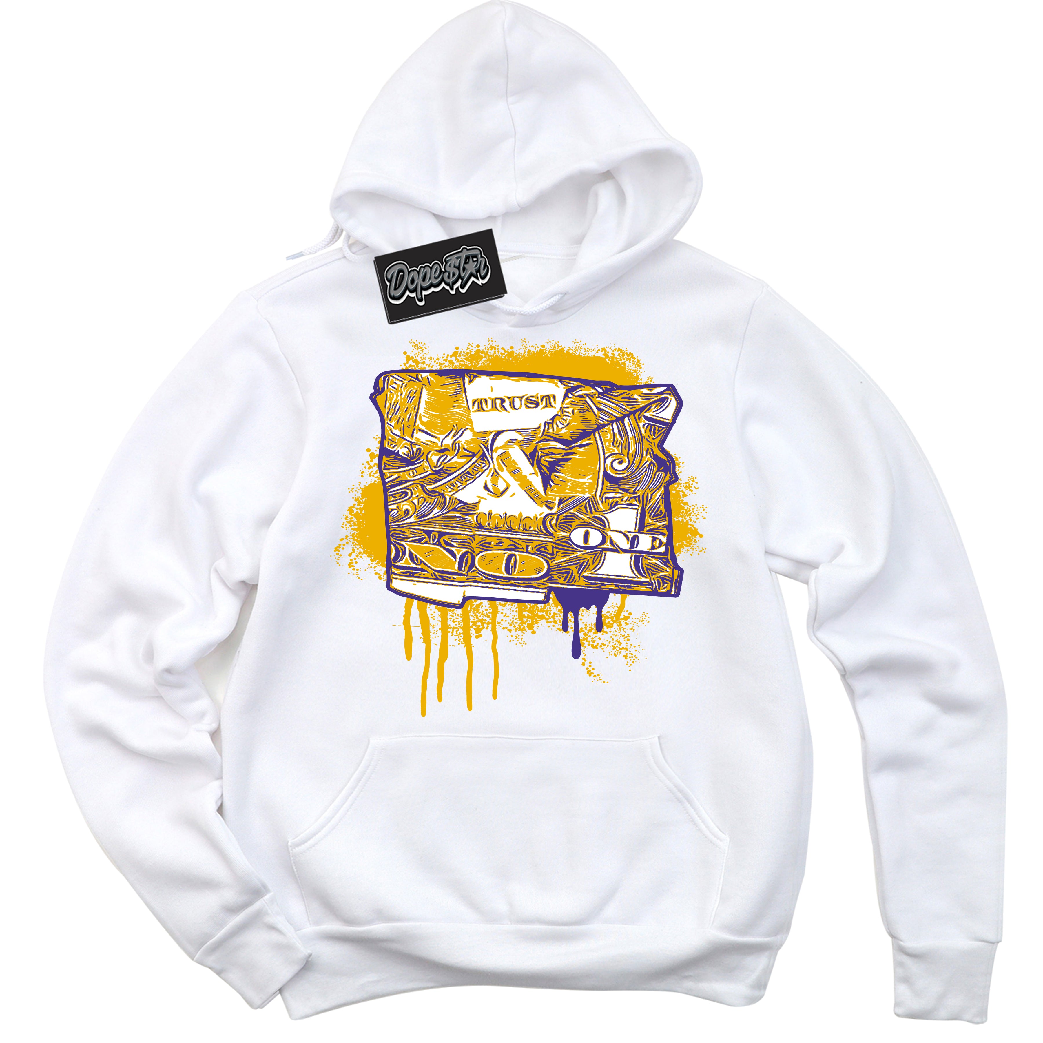 Cool White Hoodie with “Trust No One Dollar” design that Perfectly Matches Air Force 1 QS Kobe Lakers Home Sneakers.