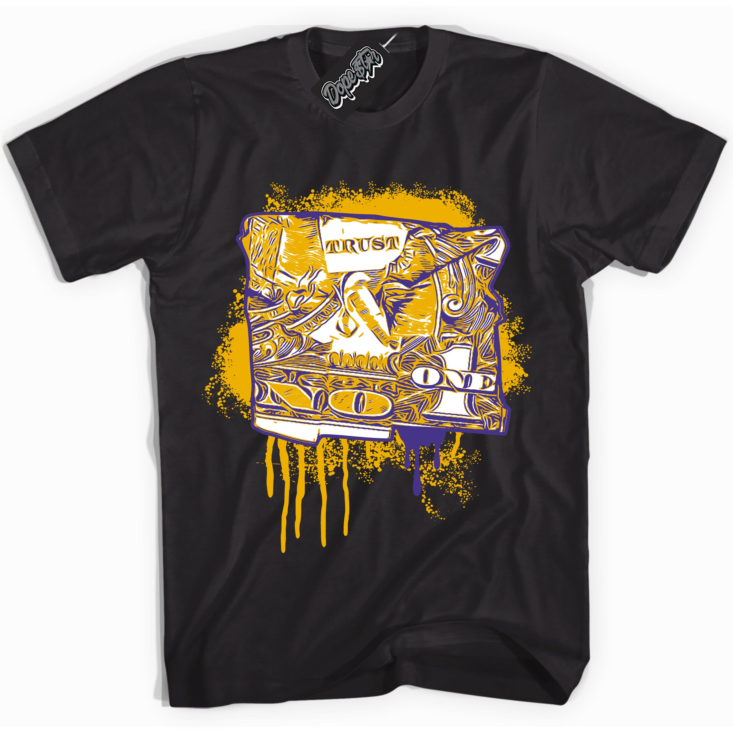 Cool Black Shirt with “Trust No One Dollar” design that perfectly matches the Air Force 1 QS Kobe Lakers Home Sneakers.