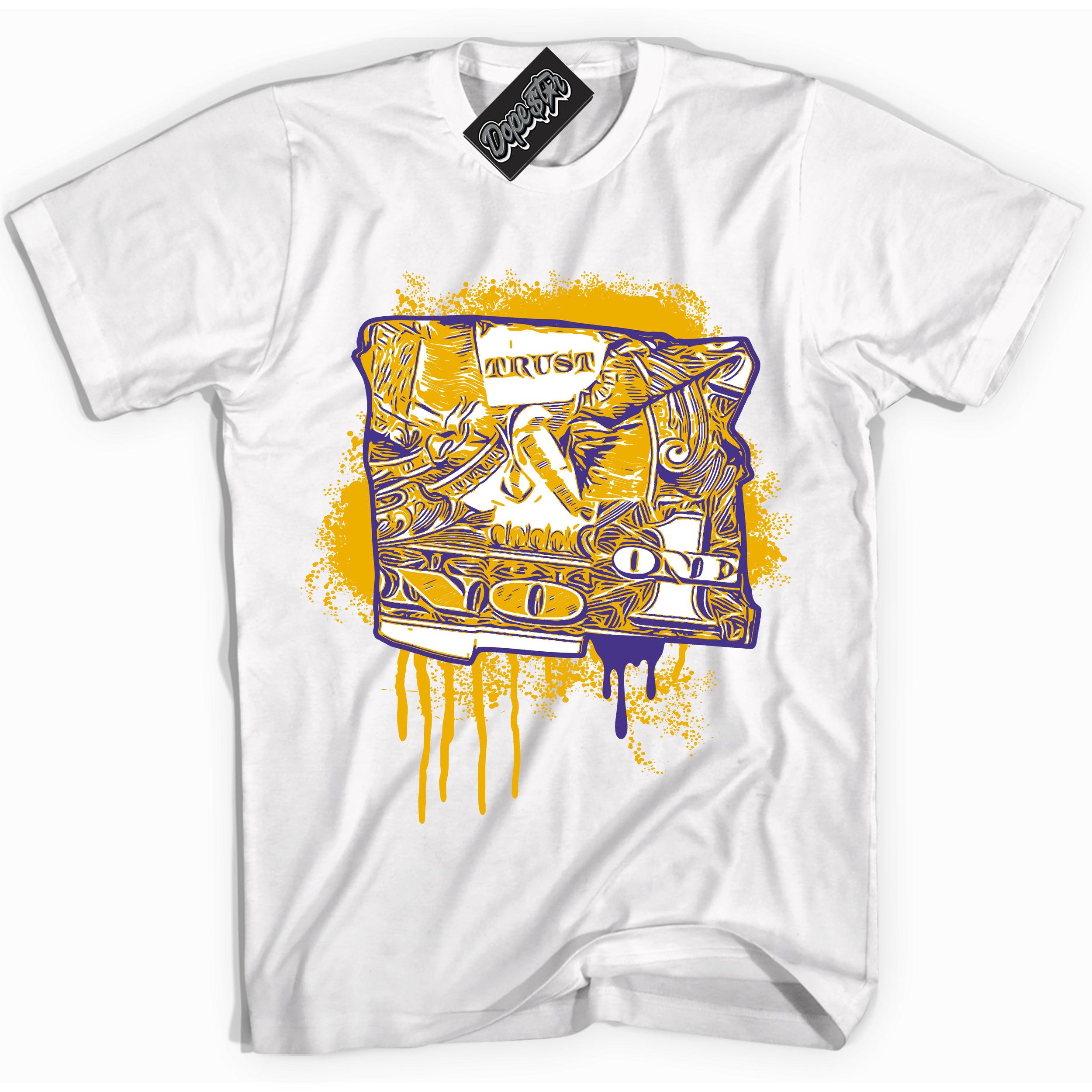 Cool White Shirt with “Trust No One Dollar” design that perfectly matches the Air Force 1 QS Kobe Lakers Home Sneakers.