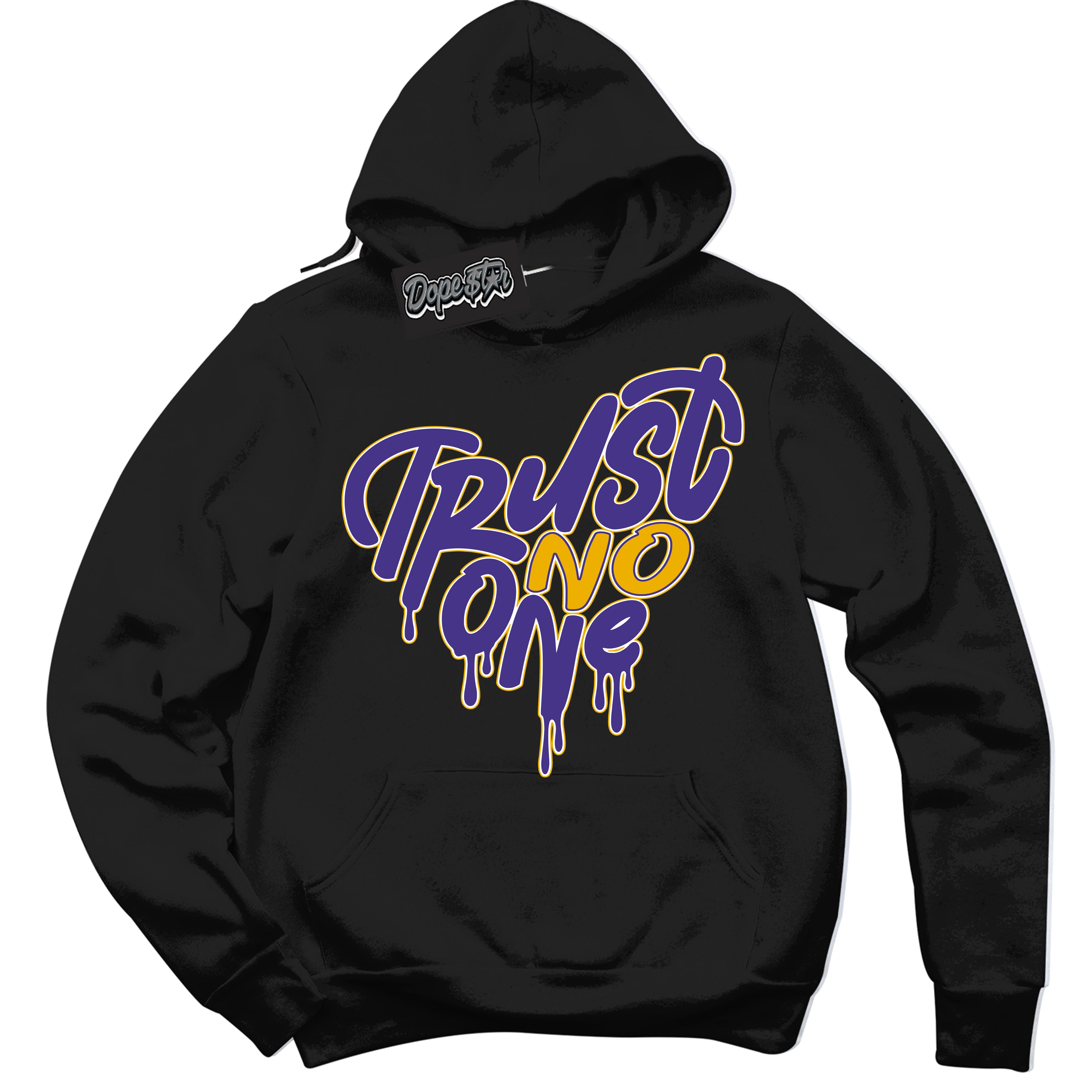 Cool Black Hoodie with “Trust No One Heart” design that Perfectly Matches Air Force 1 QS Kobe Lakers Home Sneakers.
