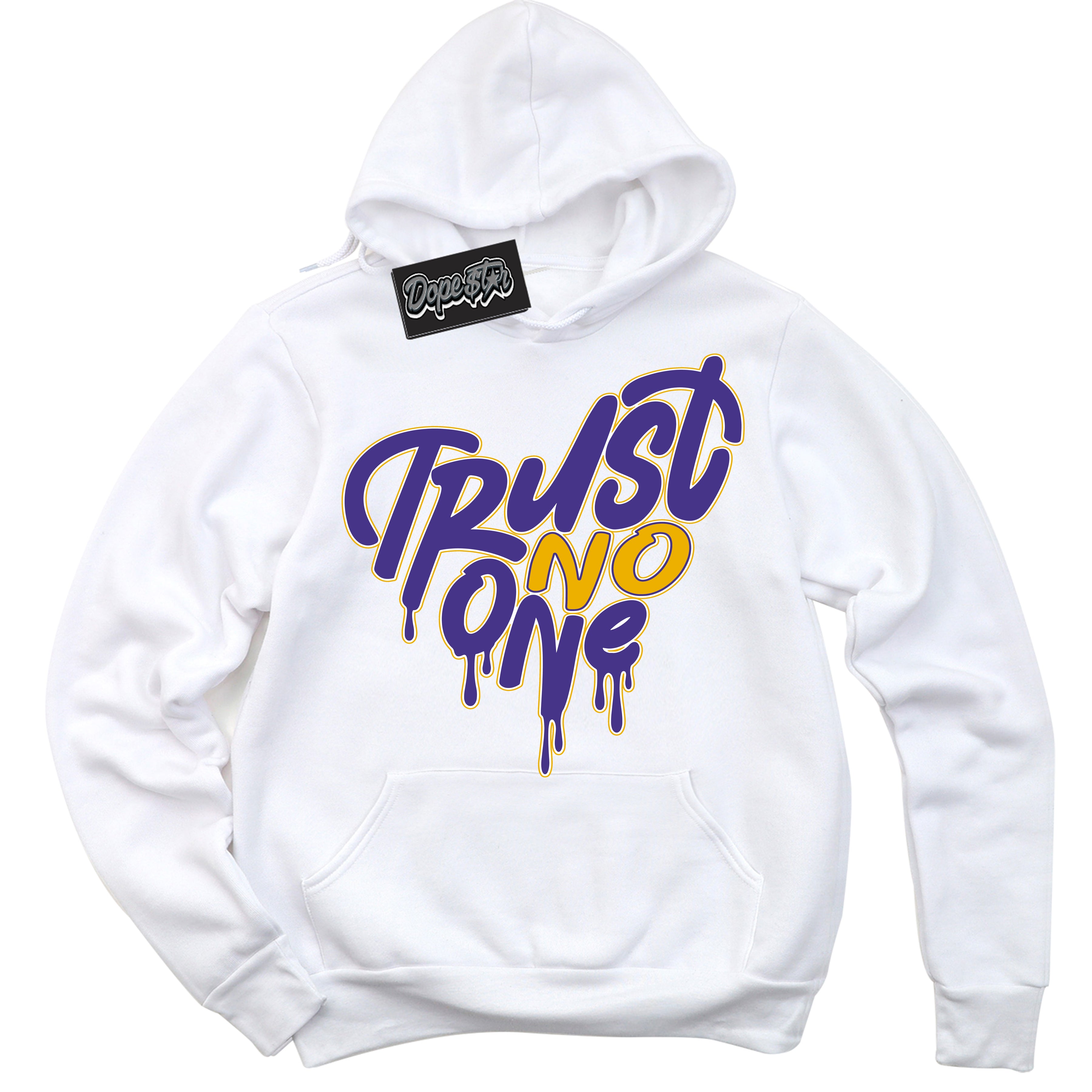 Cool White Hoodie with “Trust No One Heart” design that Perfectly Matches Air Force 1 QS Kobe Lakers Home Sneakers.