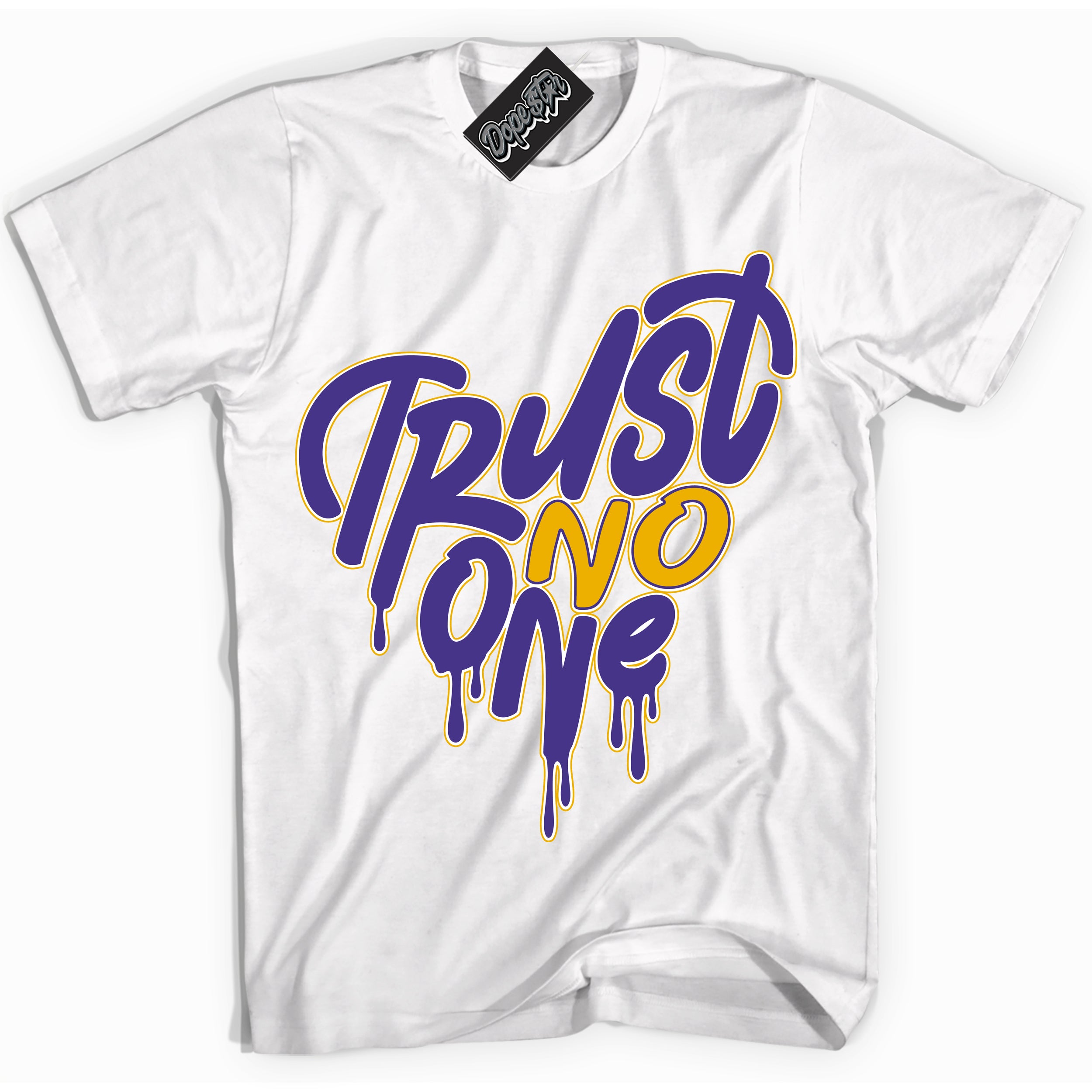 Cool White Shirt with “Trust No One Heart” design that perfectly matches the Air Force 1 QS Kobe Lakers Home Sneakers.