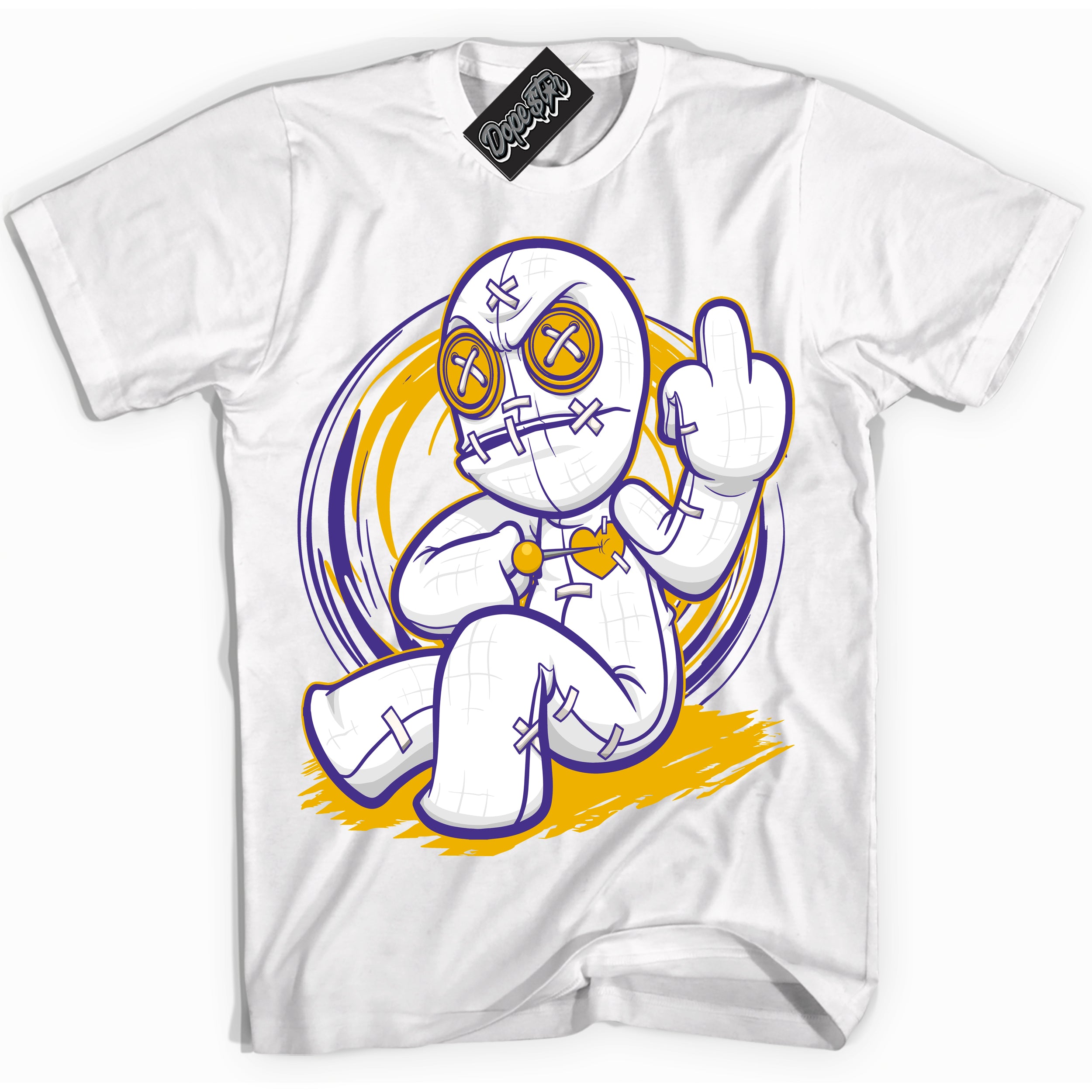 Cool White Shirt with “Voodoo Doll” design that perfectly matches the Air Force 1 QS Kobe Lakers Home Sneakers.
