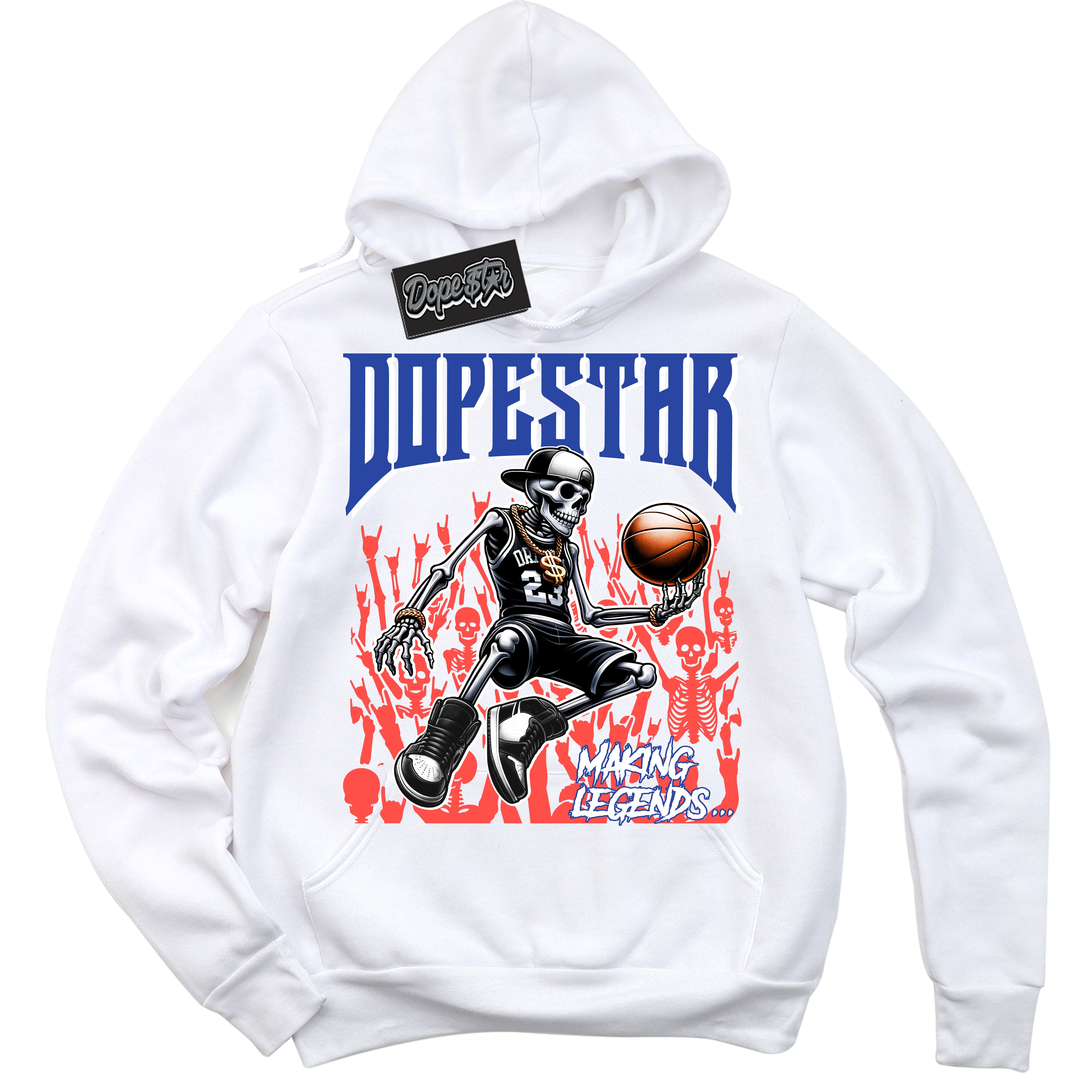 Cool White Hoodie with “ Making Legends ”  design that Perfectly Matches Ultramarine 180s Sneakers.