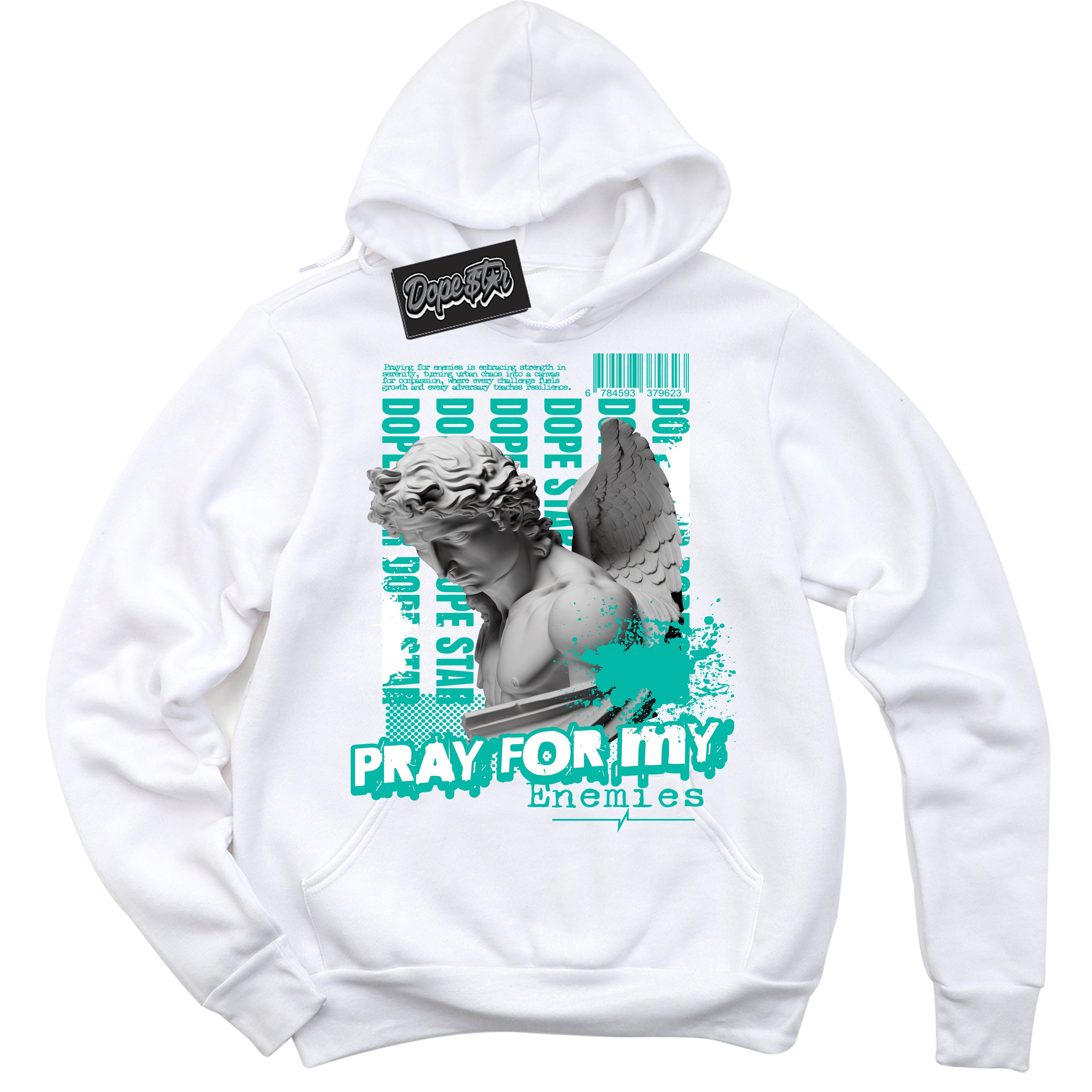 Cool White Hoodie with “ Pray Enemies ”  design that Perfectly Matches Clear Jade Sneakers.