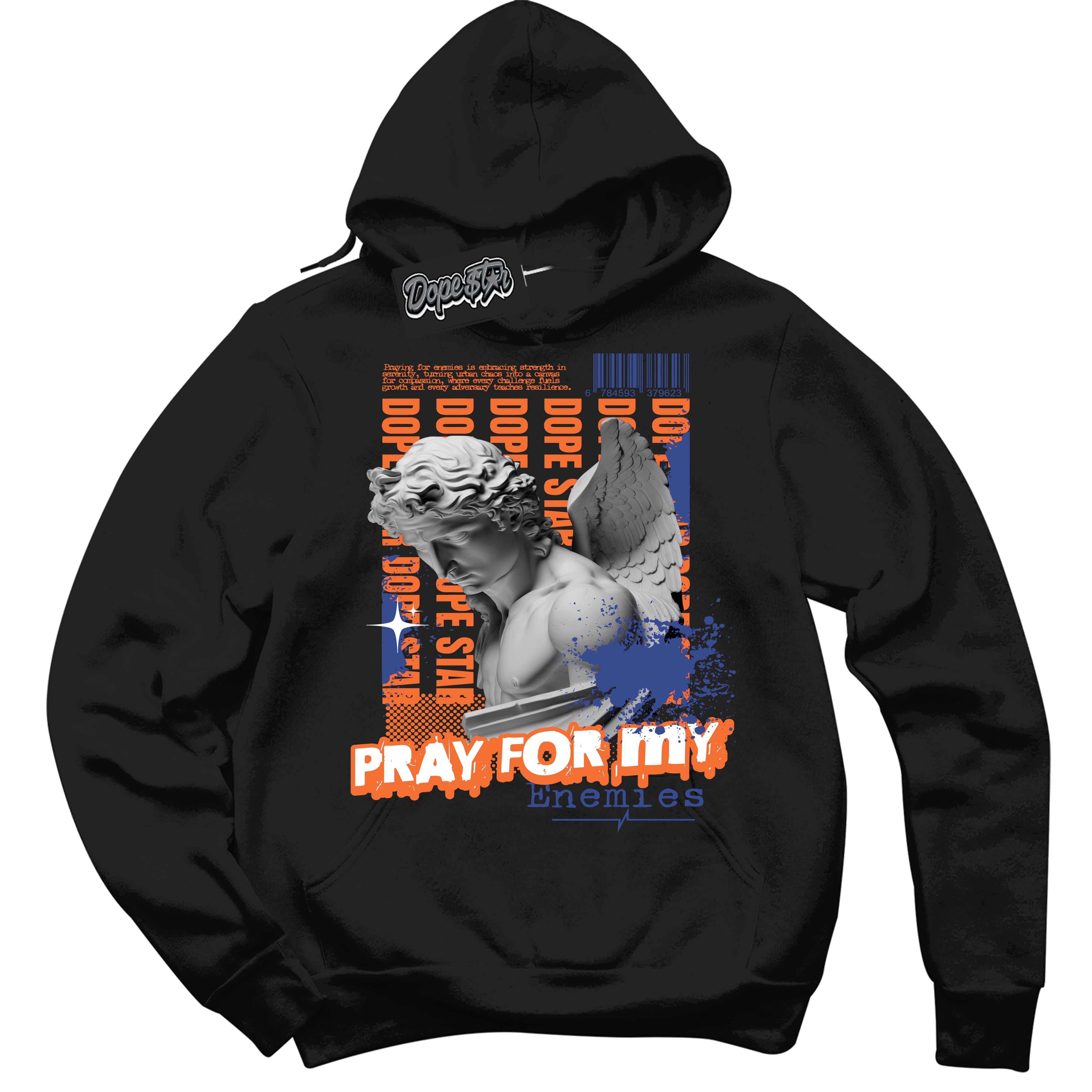 Cool Black Hoodie with “ Pray Enemies ”  design that Perfectly Matches Knicks Sneakers.