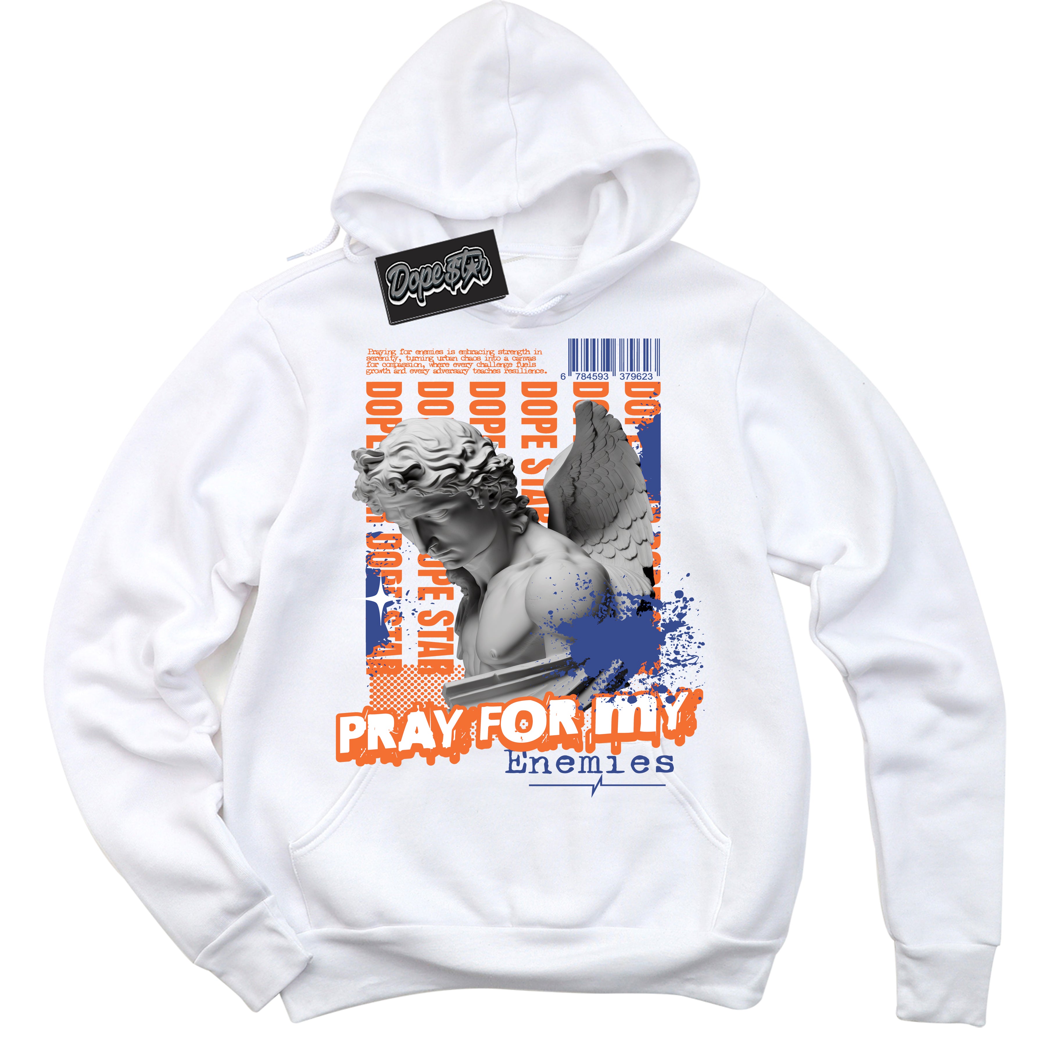 Cool White Hoodie with “ Pray Enemies ”  design that Perfectly Matches Knicks Sneakers.