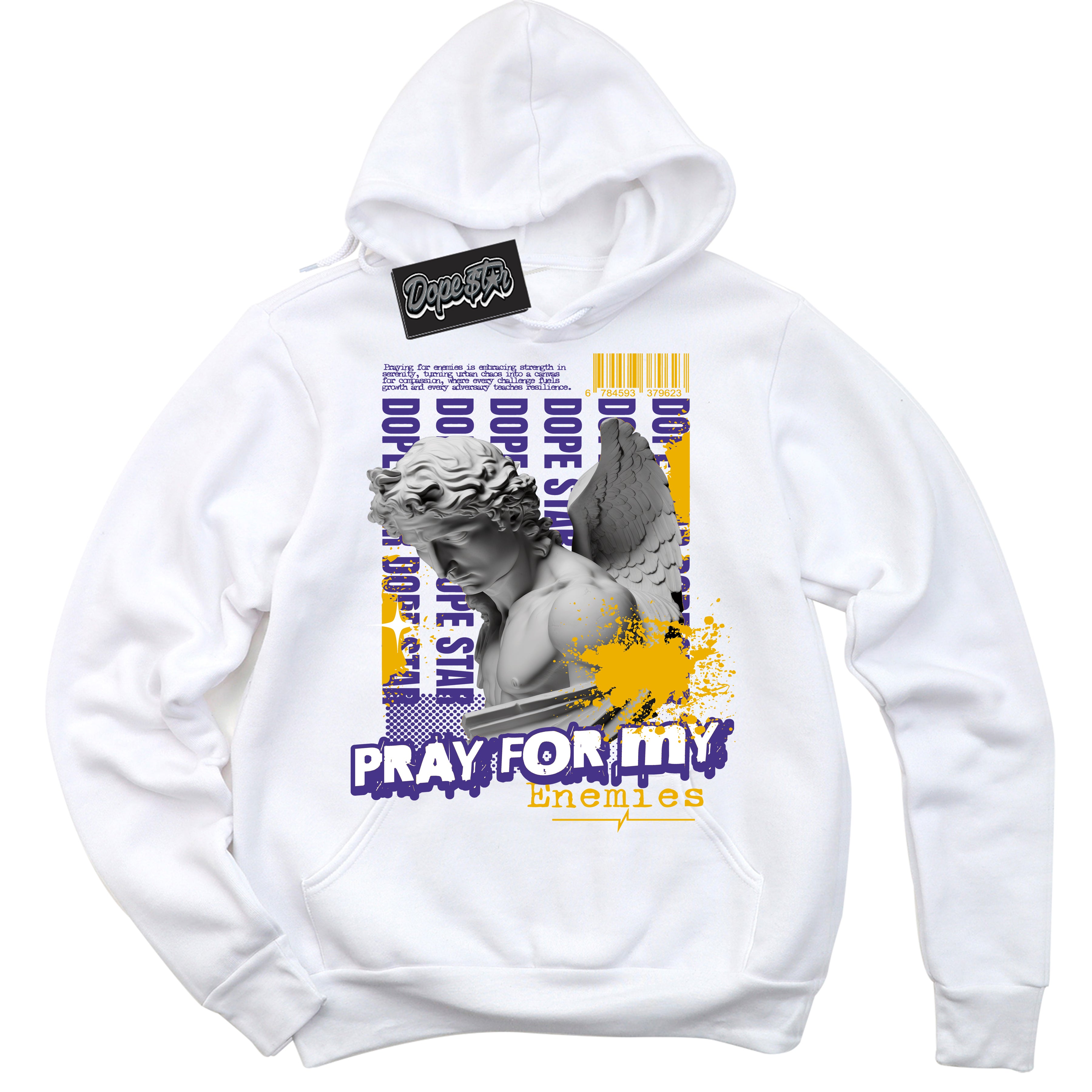 Cool White Hoodie with “Pray Enemies” design that Perfectly Matches Kobe 8 Protro Lakers Home Sneakers.
