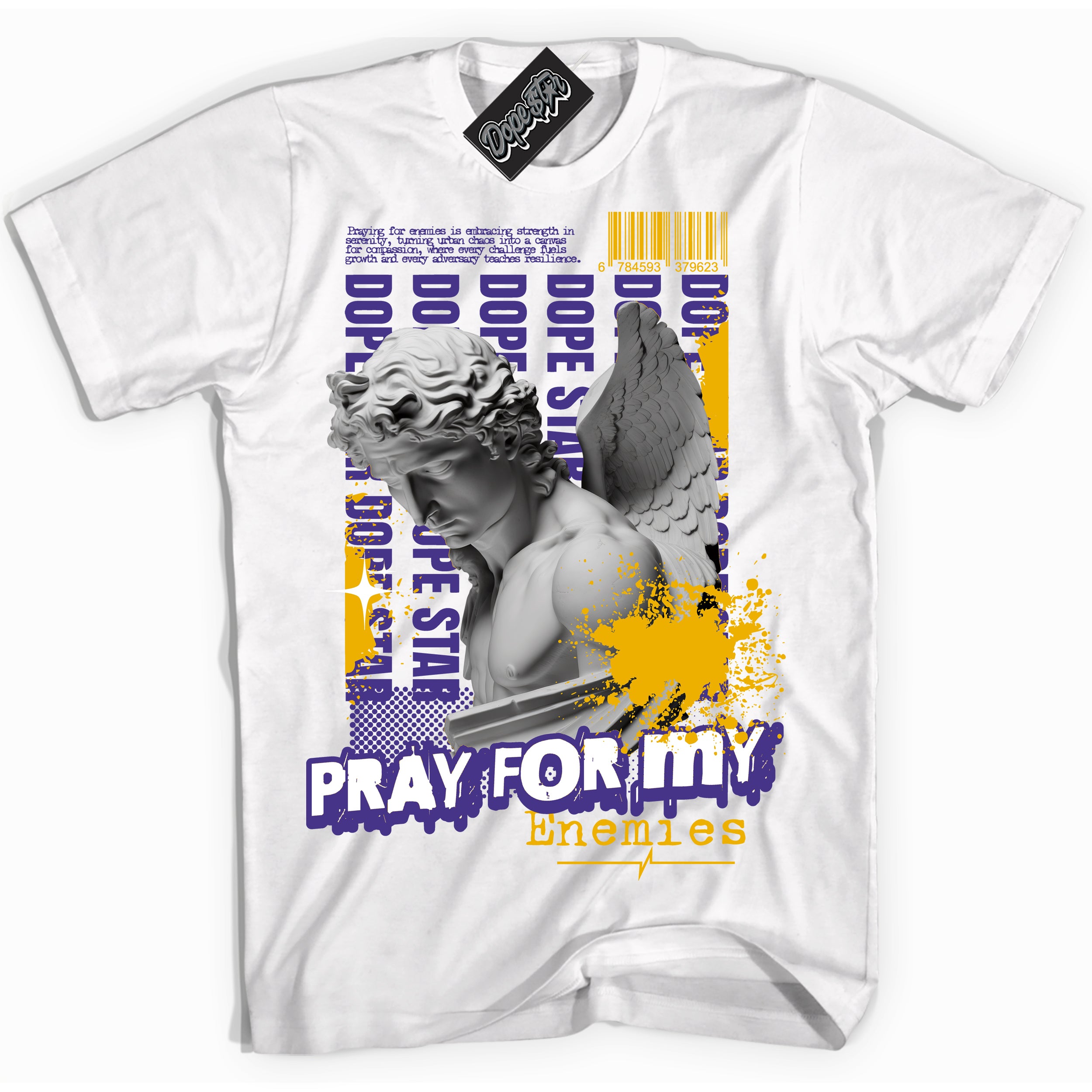 Cool White Shirt with “Pray Enemies” design that perfectly matches the Kobe 8 Protro Lakers Home Sneakers.