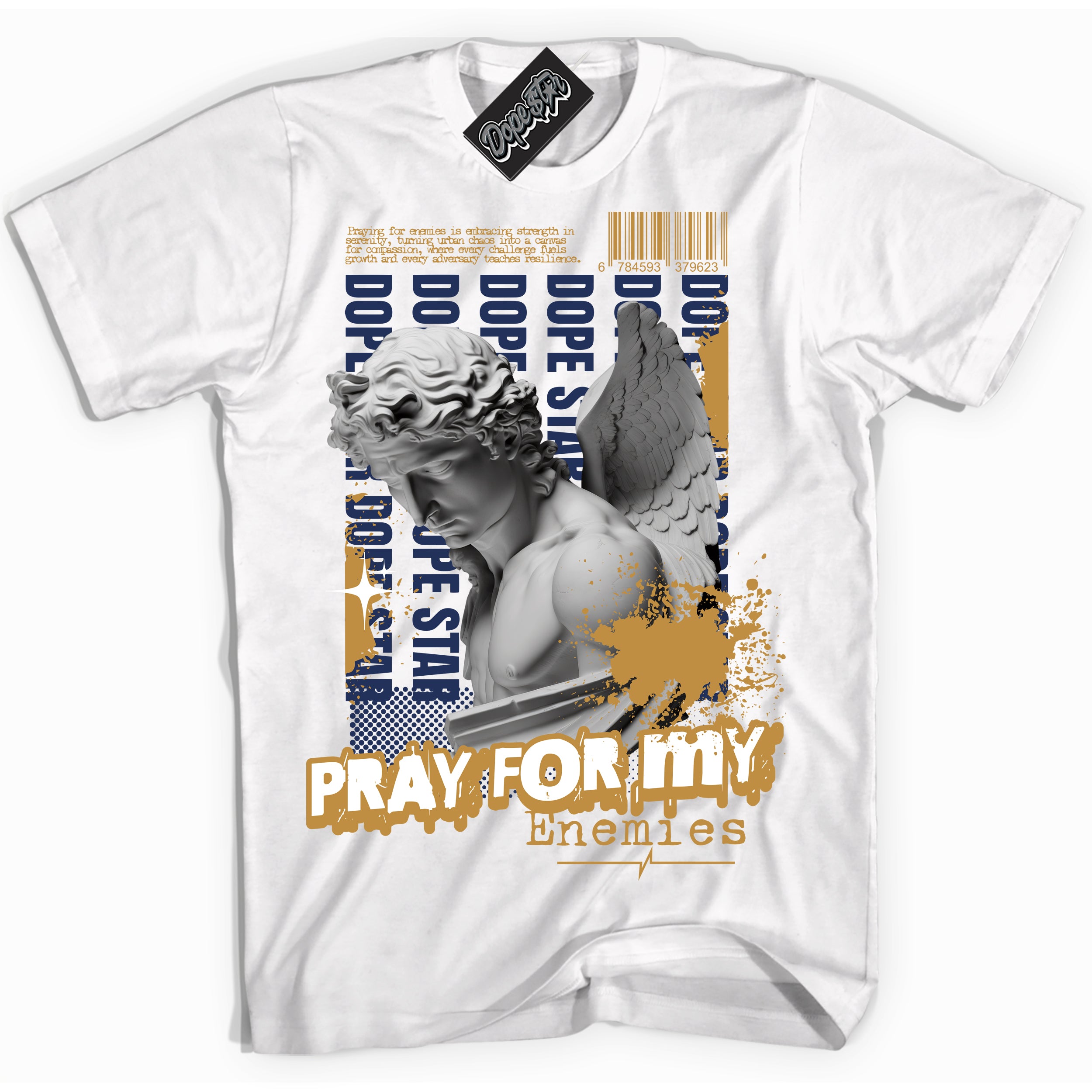 Cool White Shirt with “ Pray Enemies” design that perfectly matches Orange Label Navy Gum Sneakers.