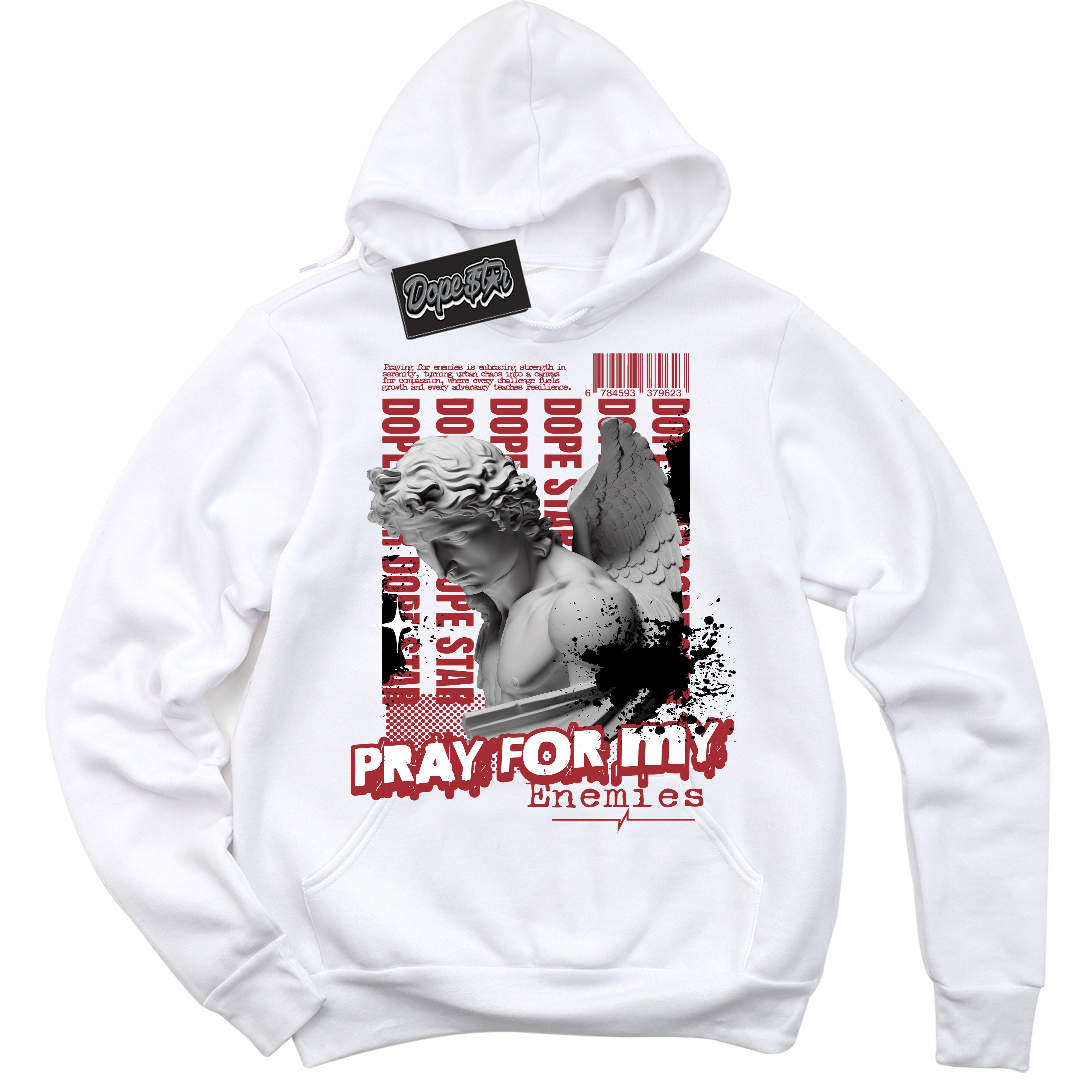 Cool White Hoodie with “ Pray Enemies ”  design that Perfectly Matches Pro J Pack Chicago Sneakers.