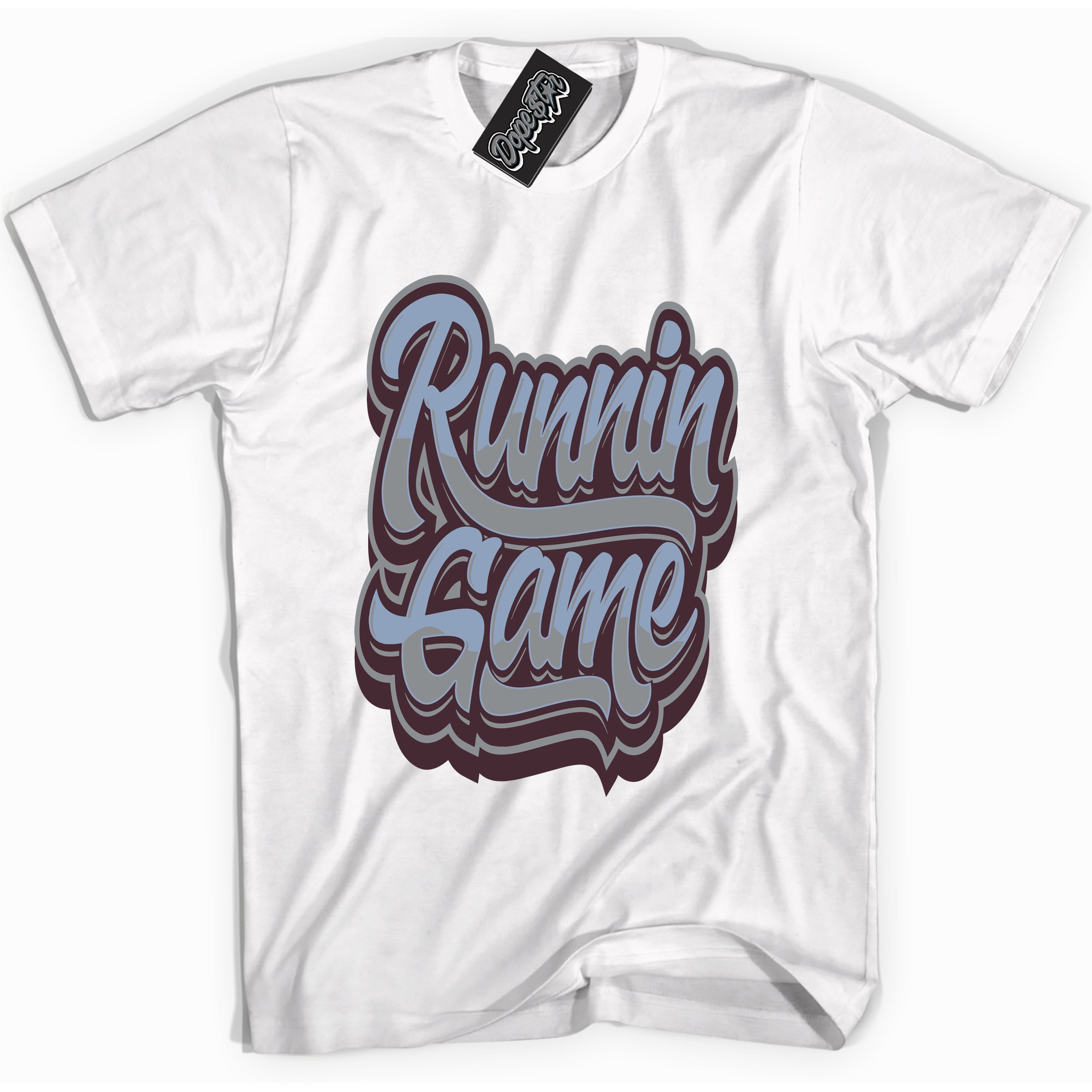 Cool White Shirt with “ Running Game” design that perfectly matches Burgundy 5s Sneakers.