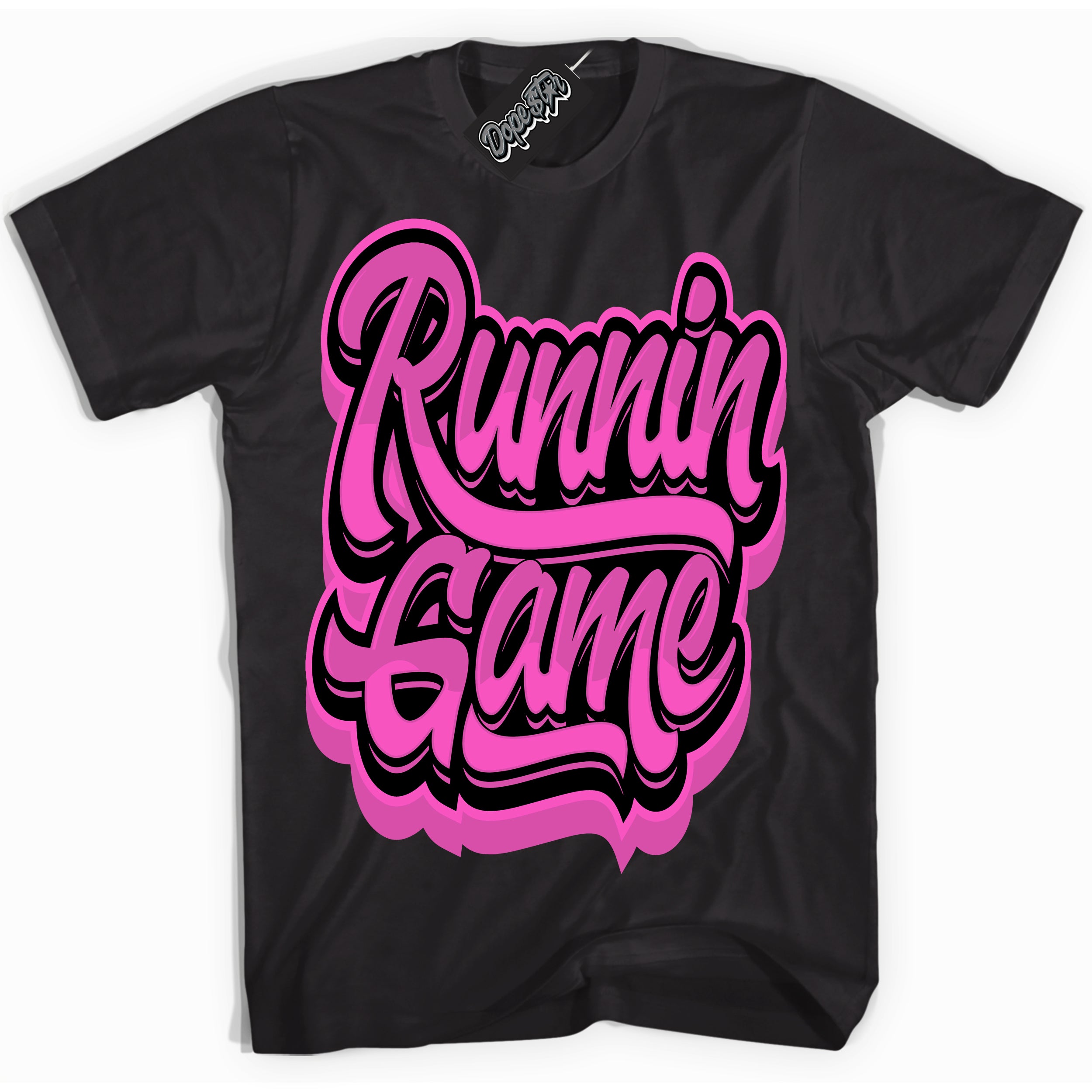 Black T-shirt with playful pink and black "Running Game" graphic, made to match Air Max 1 Valentine's Day sneakers | Sneaker Shirts Outlet
