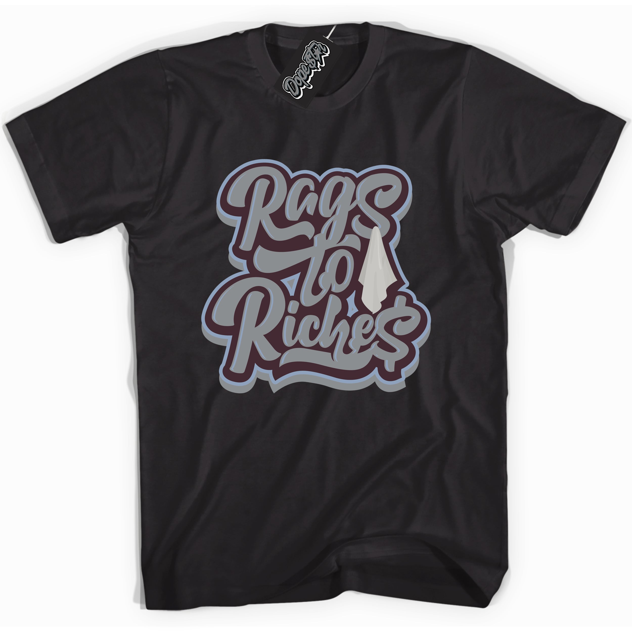 Cool Black Shirt with “ Rags To Riches” design that perfectly matches Burgundy 5s Sneakers.
