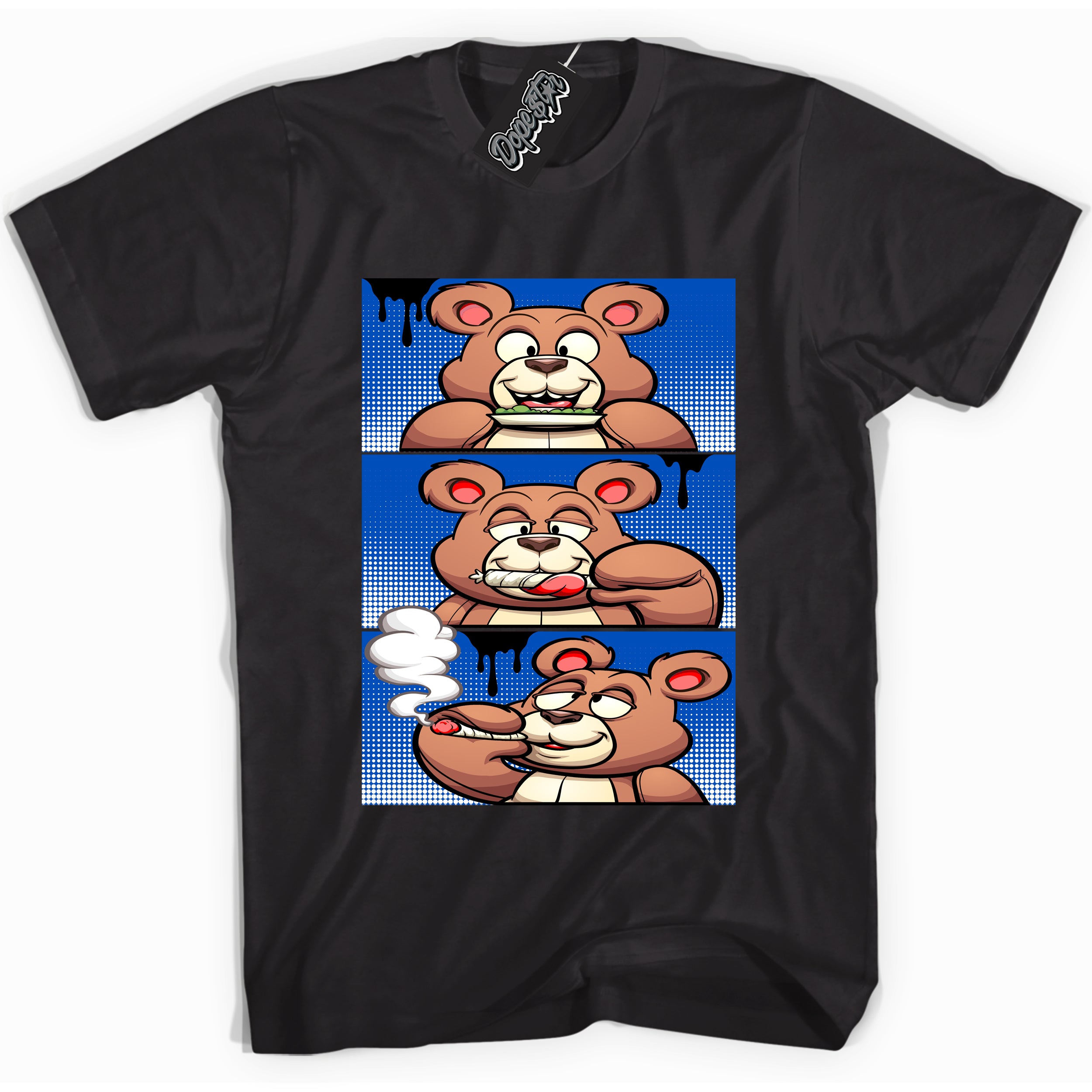 Cool Black graphic tee with Roll It Lick It Smoke It Bear print, that perfectly matches OG Royal Reimagined 1s sneakers 