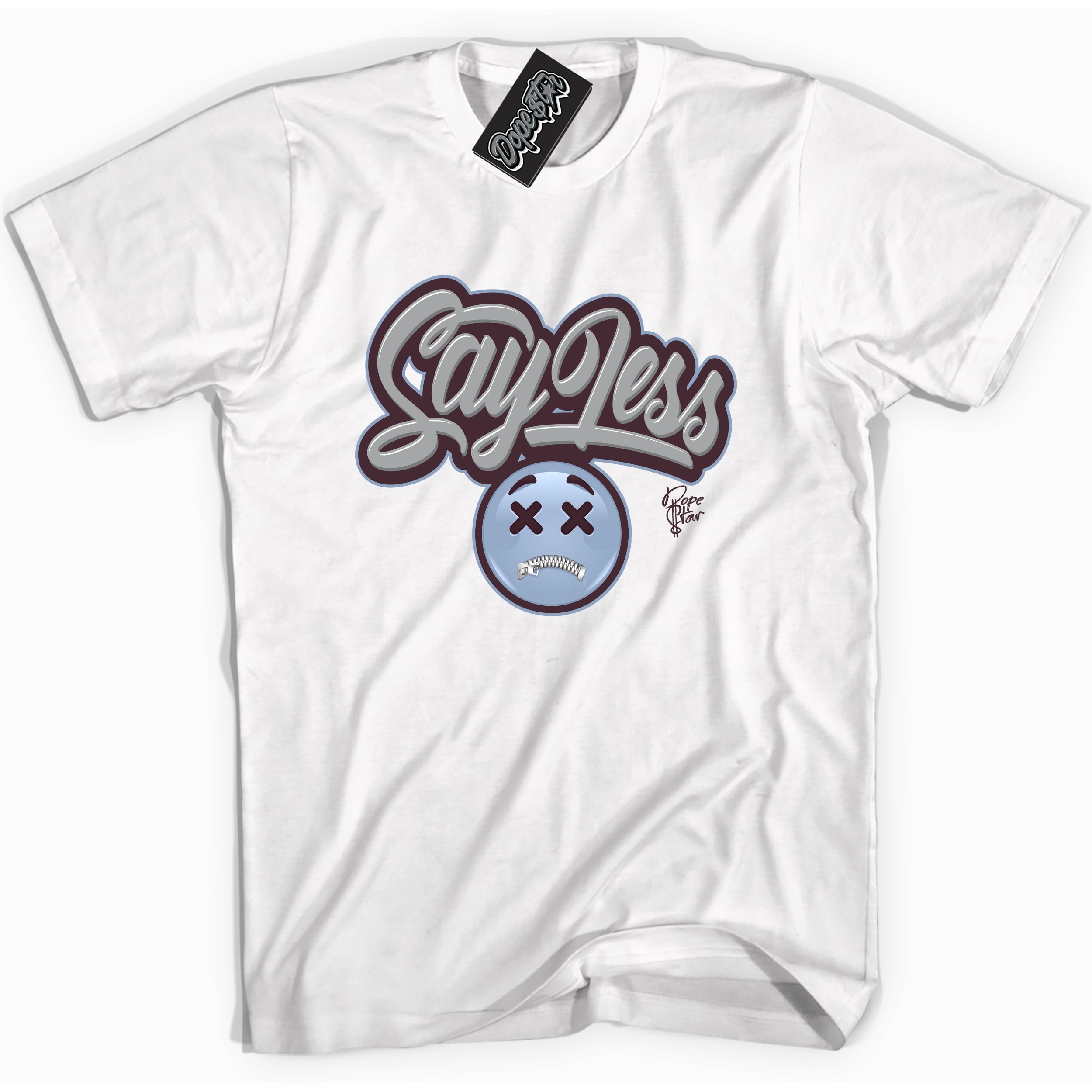 Cool White Shirt with “ Say Less” design that perfectly matches Burgundy 5s Sneakers.
