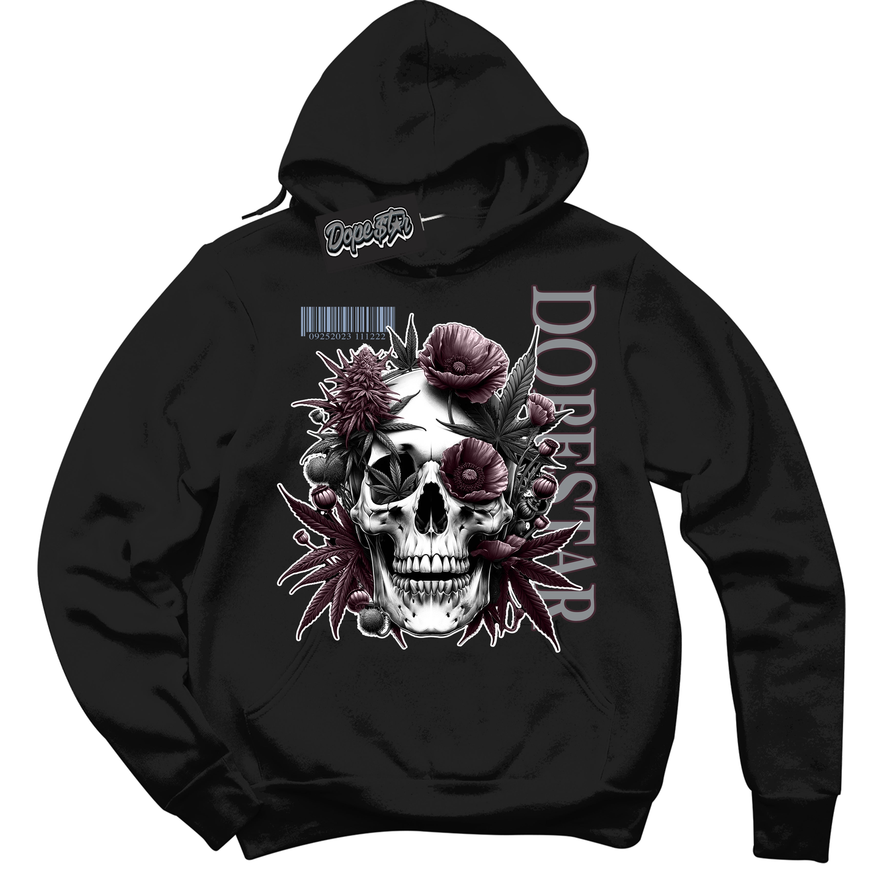 Cool Black Hoodie with “ Skull Poppies ”  design that Perfectly Matches Burgundy 5s Sneakers.
