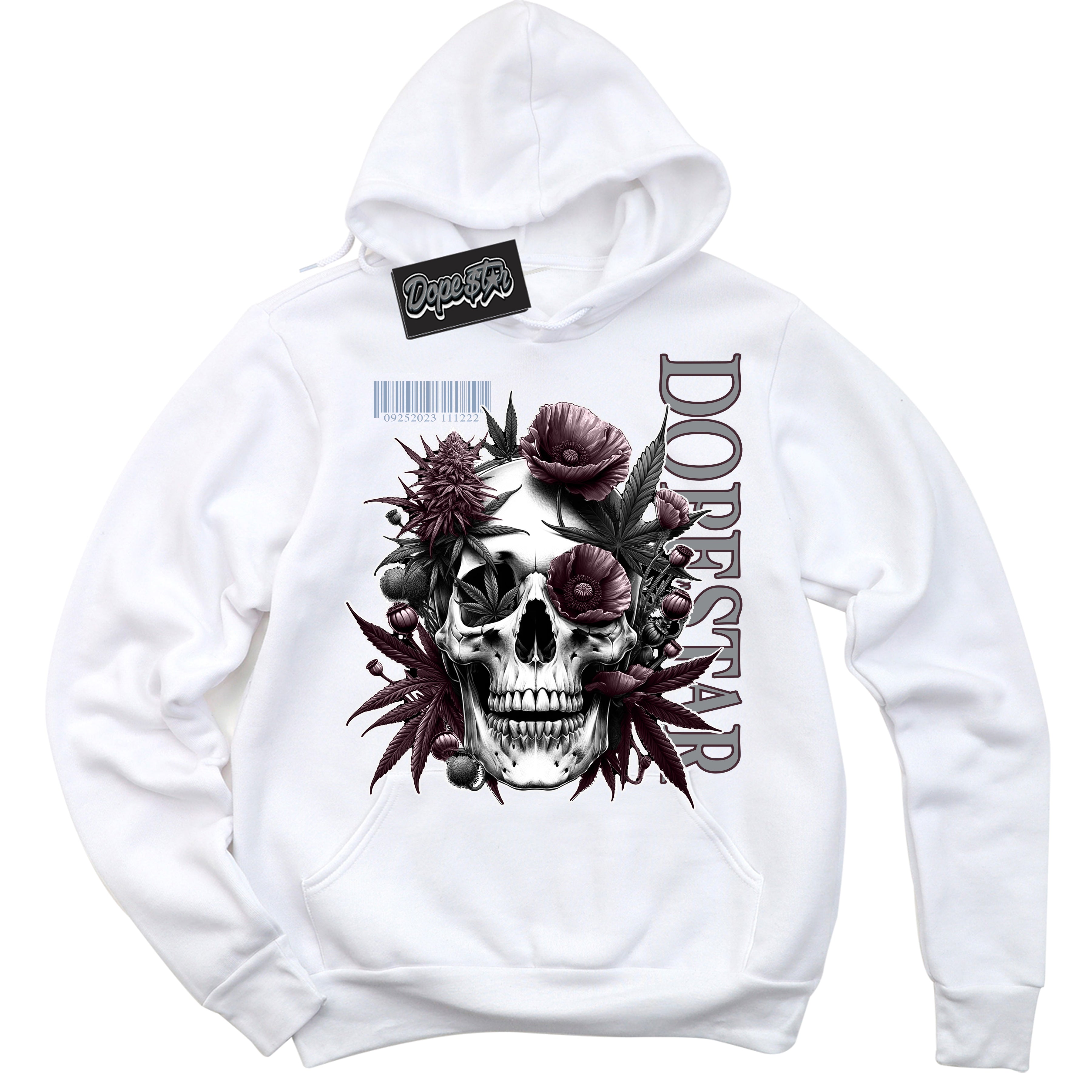 Cool White Hoodie with “ Skull Poppies ”  design that Perfectly Matches Burgundy 5s Sneakers.