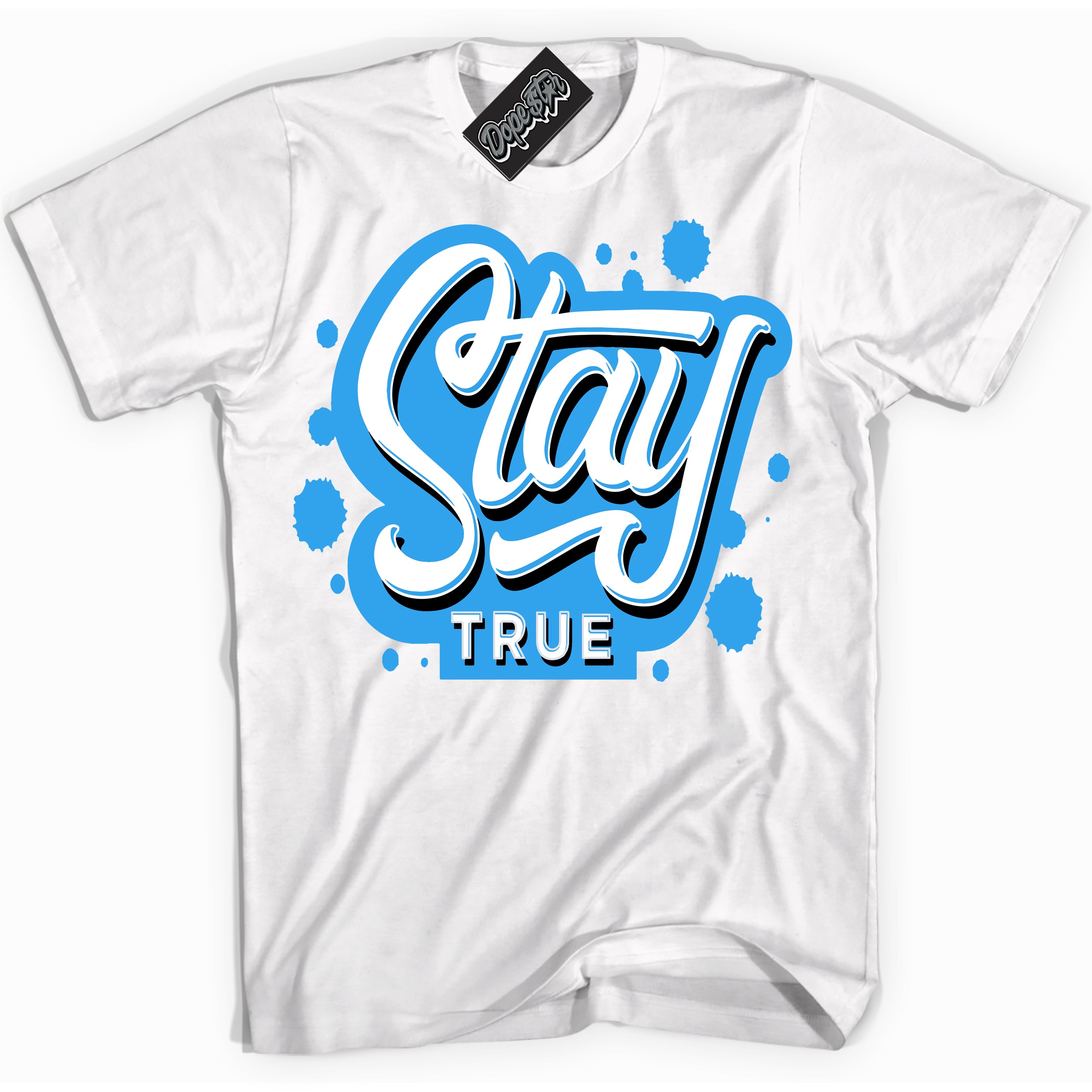 Cool White graphic tee with “ Stay True ” design, that perfectly matches Powder Blue 9s sneakers 