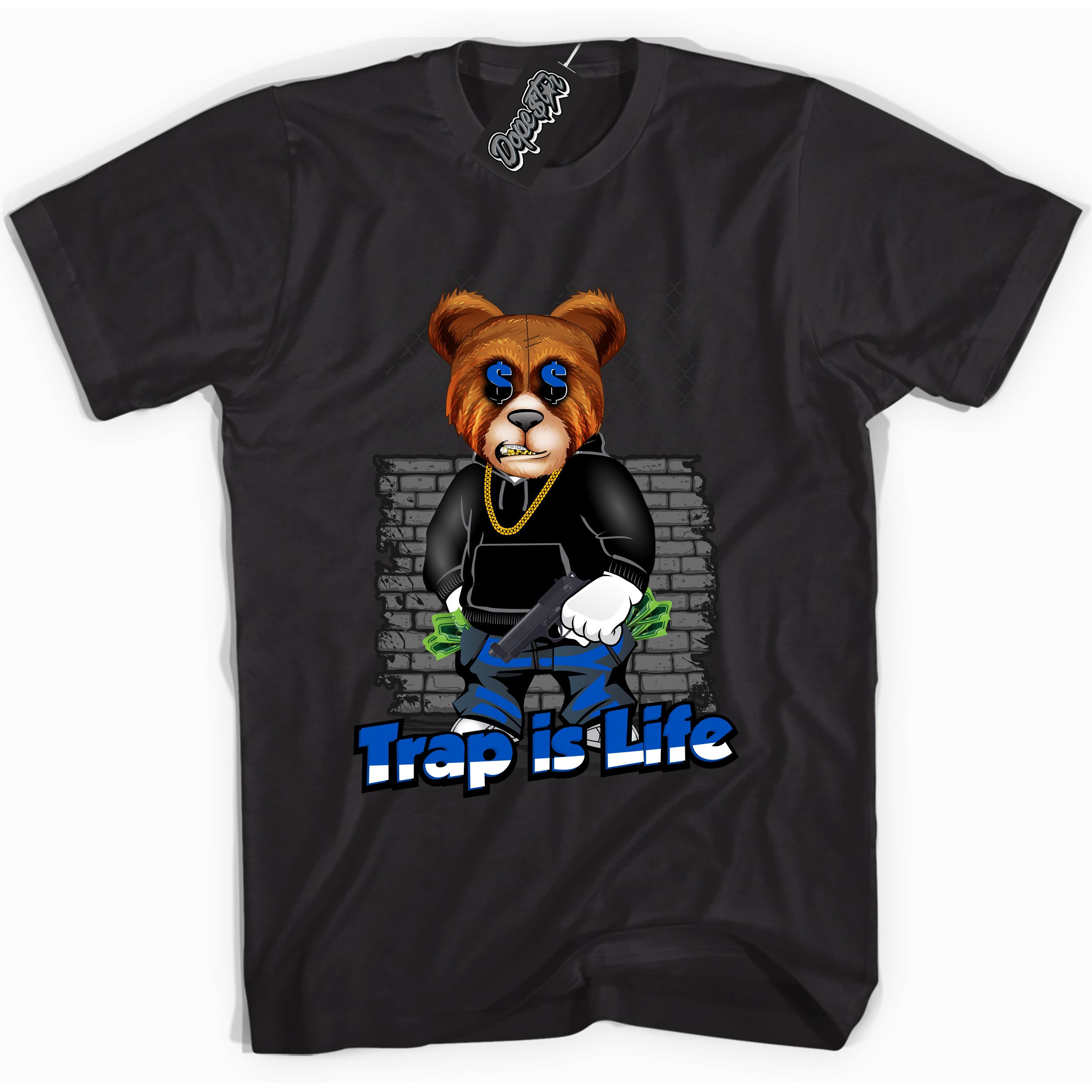 Cool Black graphic tee with "Trap Is Life" design, that perfectly matches Royal Reimagined 1s sneakers 