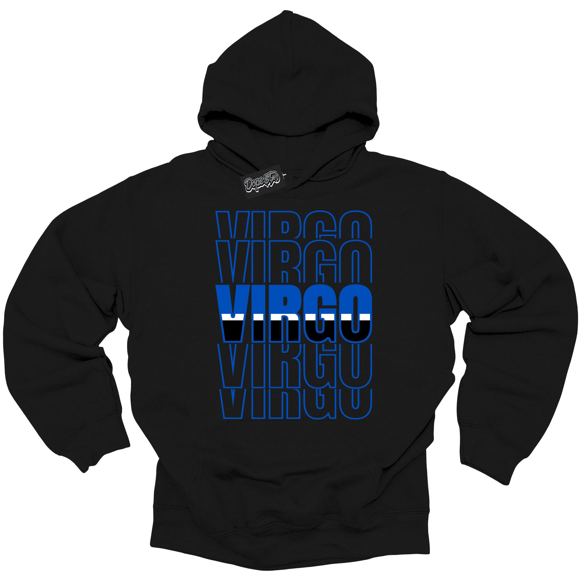 Cool Black Hoodie with “ Virgo ”  design that Perfectly Matches  Royal Reimagined 1s Sneakers.