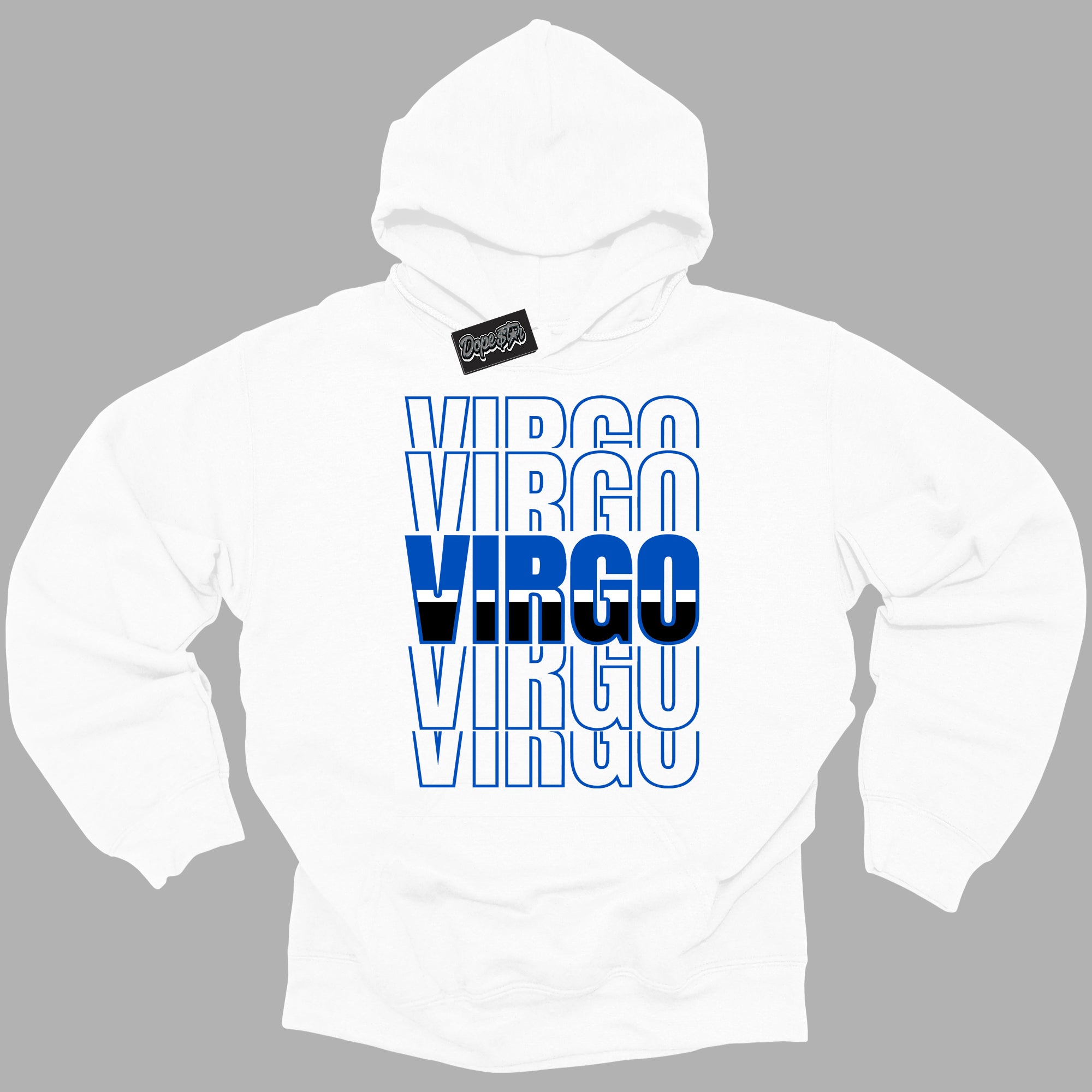 Cool White Hoodie with “ Virgo ”  design that Perfectly Matches Royal Reimagined 1s Sneakers.