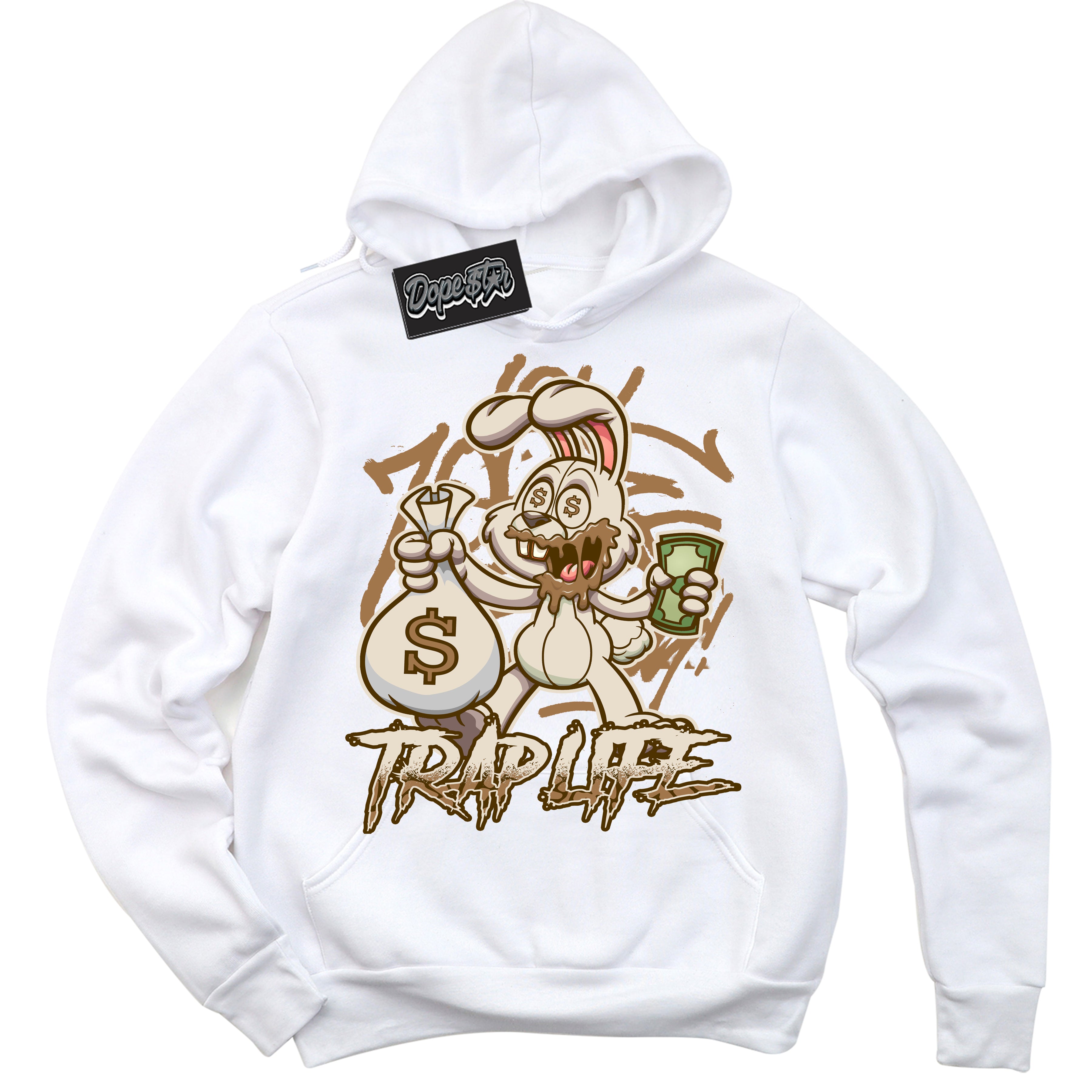 Cool White Graphic DopeStar Hoodie with “ Trap Rabbit “ print, that perfectly matches Palomino 3s sneakers