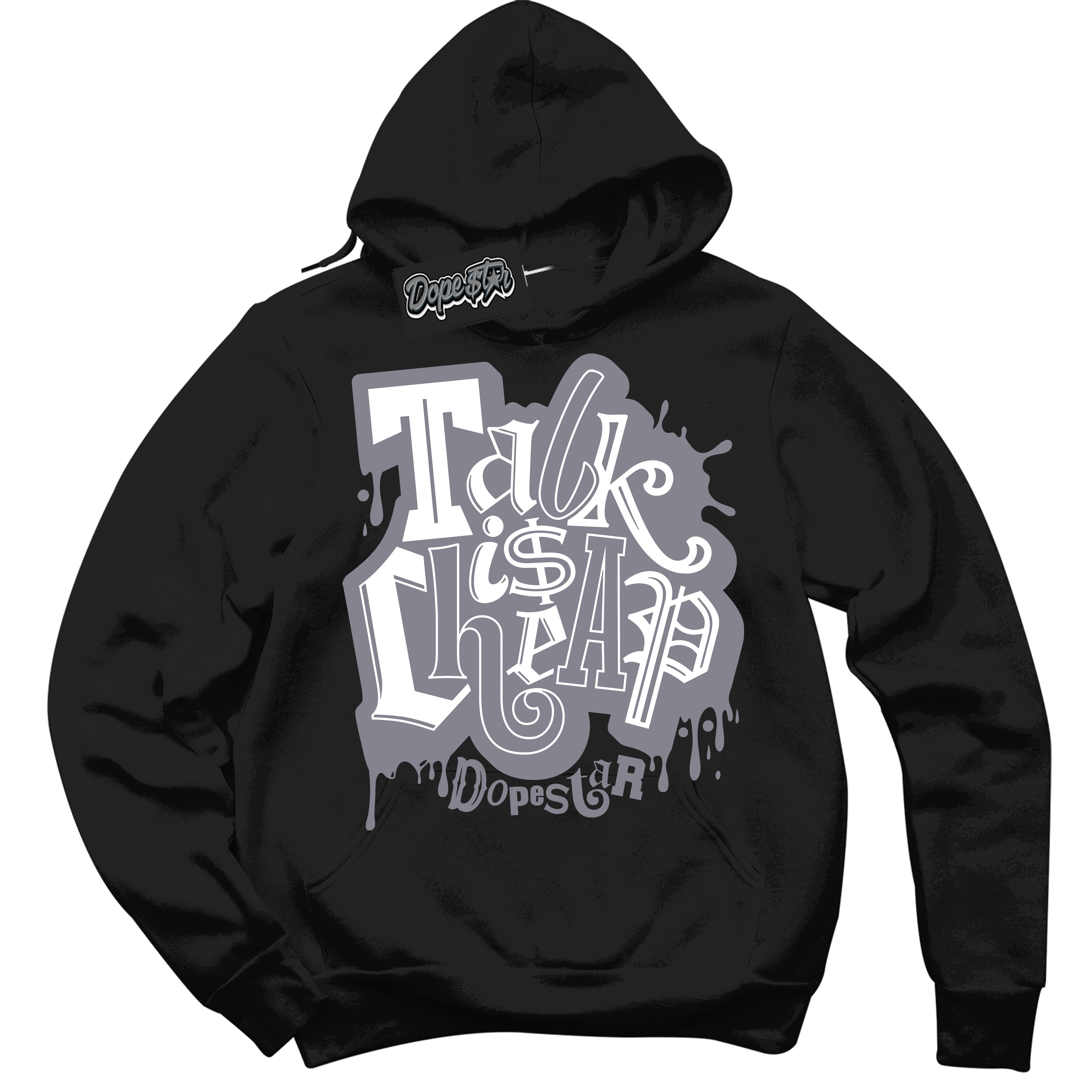 Cool Black Hoodie with “ Talk Is Cheap ”  design that Perfectly Matches Vintage Stealth Grey 1s Sneakers.