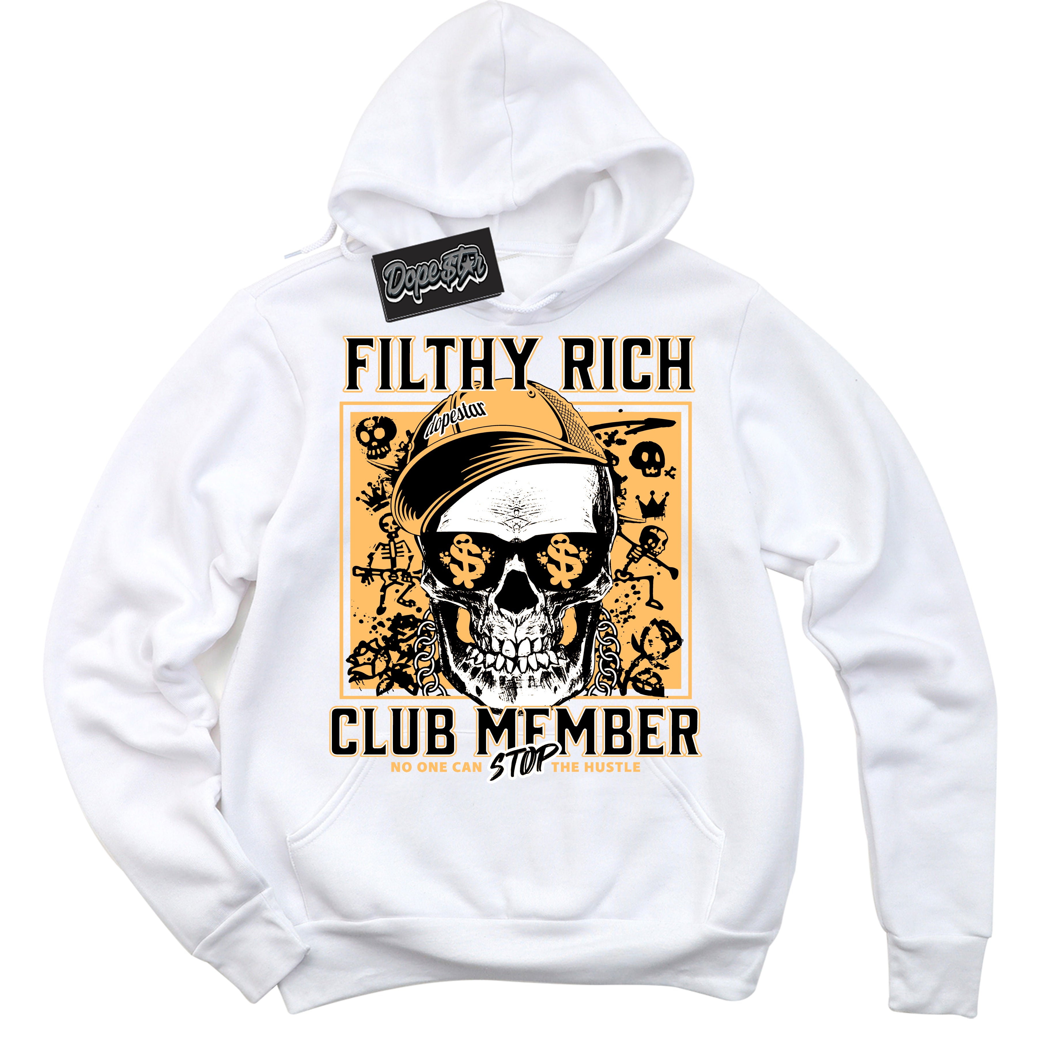 Cool White Hoodie with “ Filthy Rich ”  design that Perfectly Matches Yellow Ochre 1s Sneakers.