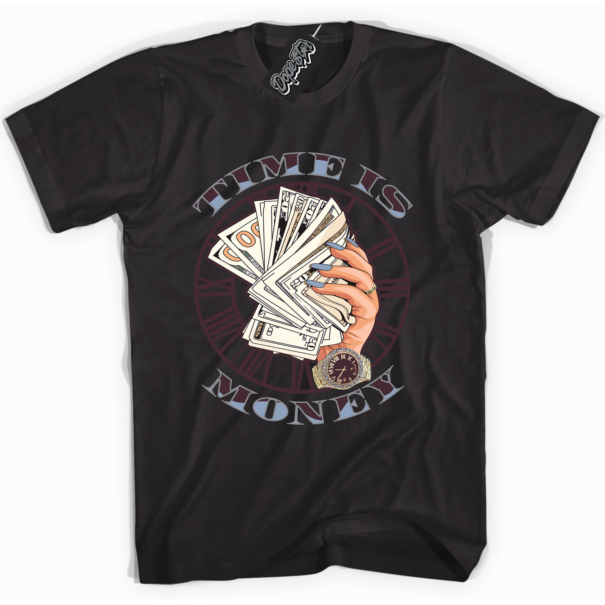 Cool Black Shirt with “ Time Is Money” design that perfectly matches Burgundy 5s Sneakers.