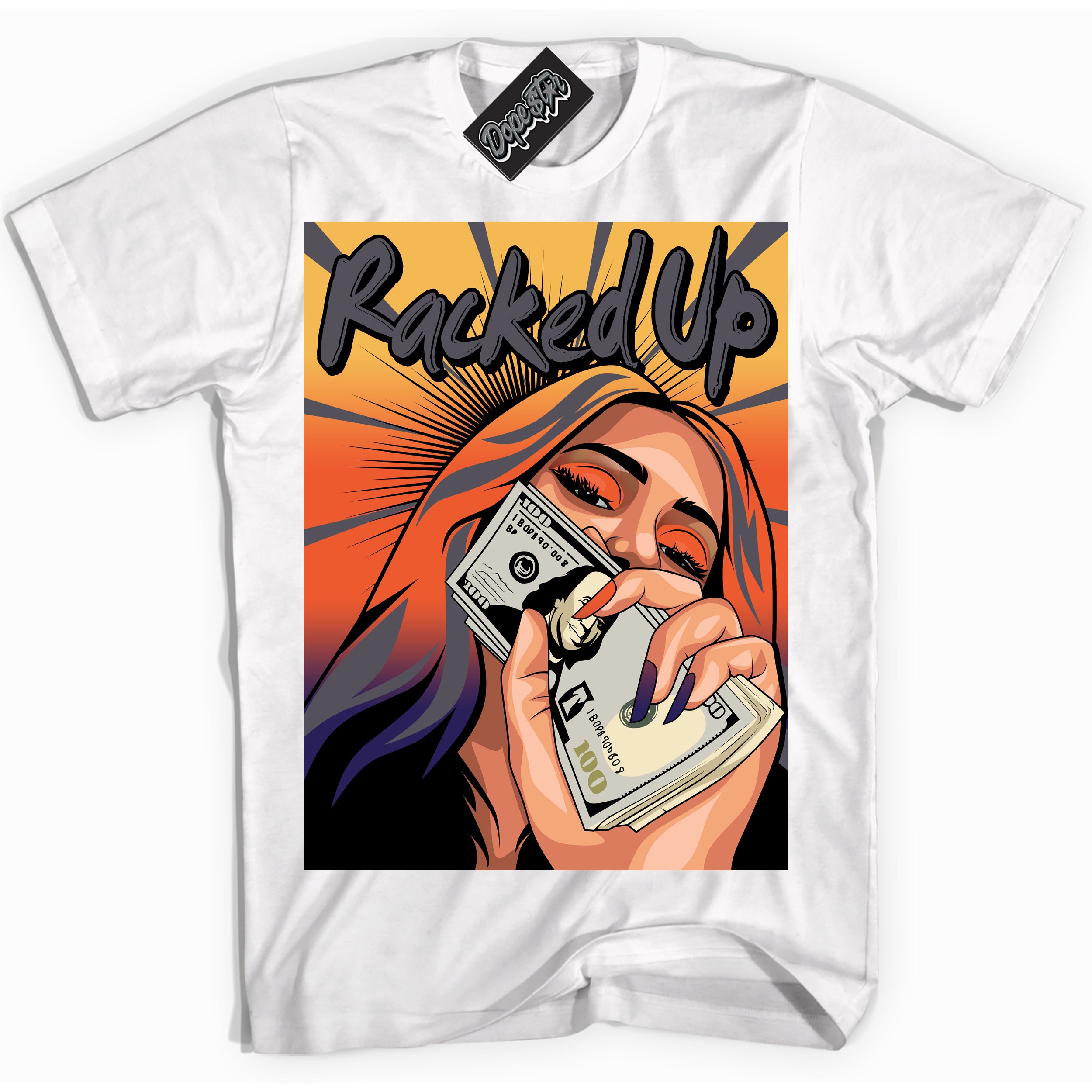 Cool White Shirt with “ Racked Up” design that perfectly matches J Balvin Rio 3s Sneakers.
